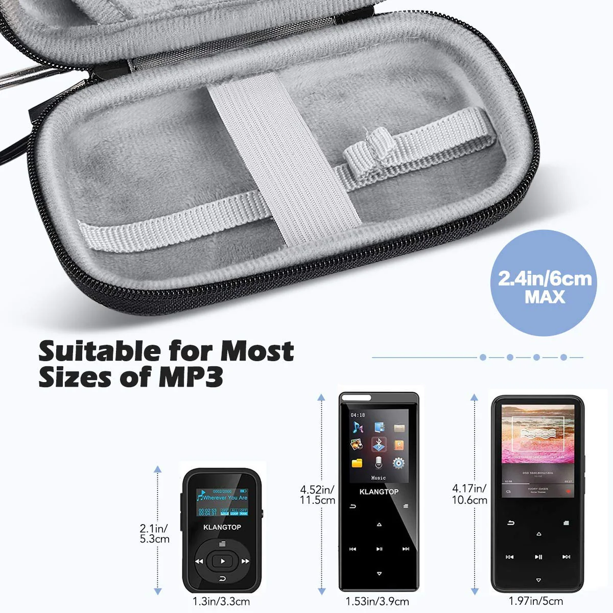 AGPTEK MP3 MP4 Player Case for 2.4 inch MP3 Player, for Gracioso/for ChenFec/for Safuciiv/for RUIZU/for Aiworth and Other MP3 Players Under 2.4 inch, Portable Case with Metal Carabiner Clip 2,4 pouces Black - Image 2