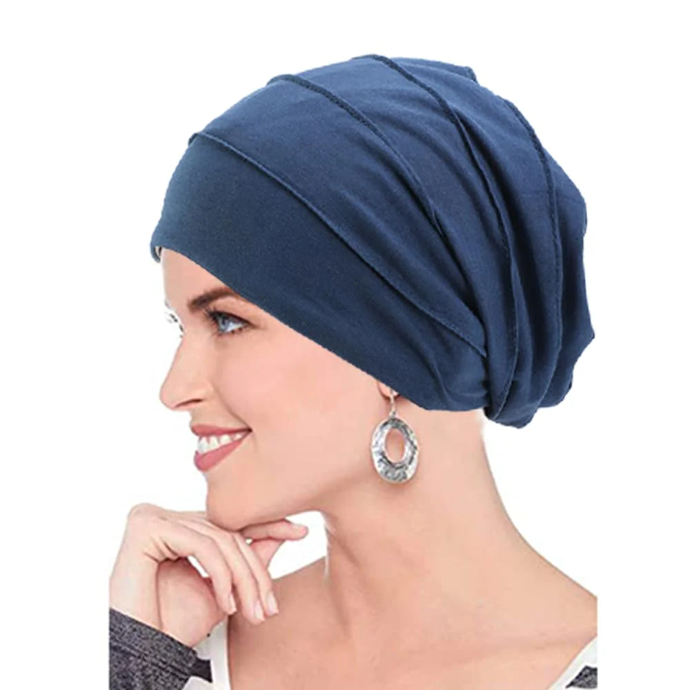 AIDIER Chemo Turban Hat for Women - Summer Cotton Headpiece - Slouchy Head Wrap Sleep Cap - Soft Turban for Cancer and Hair Loss Unit size blue