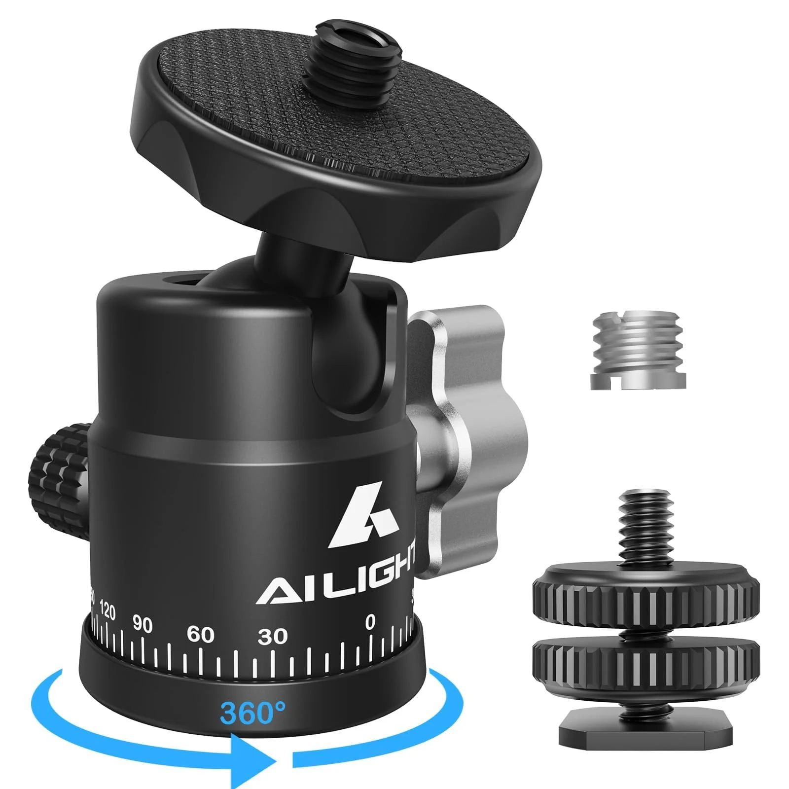 Ailight Mini Ball Head, 360° Panoramic Tripod Head, Universal 1/4" to 3/8" Screw Adapter Swivel Ball Head Tripod Mount, Dual Cold Shoe Mount for DSLR Cameras Camcorder Light Photograph Accessories 1 pack