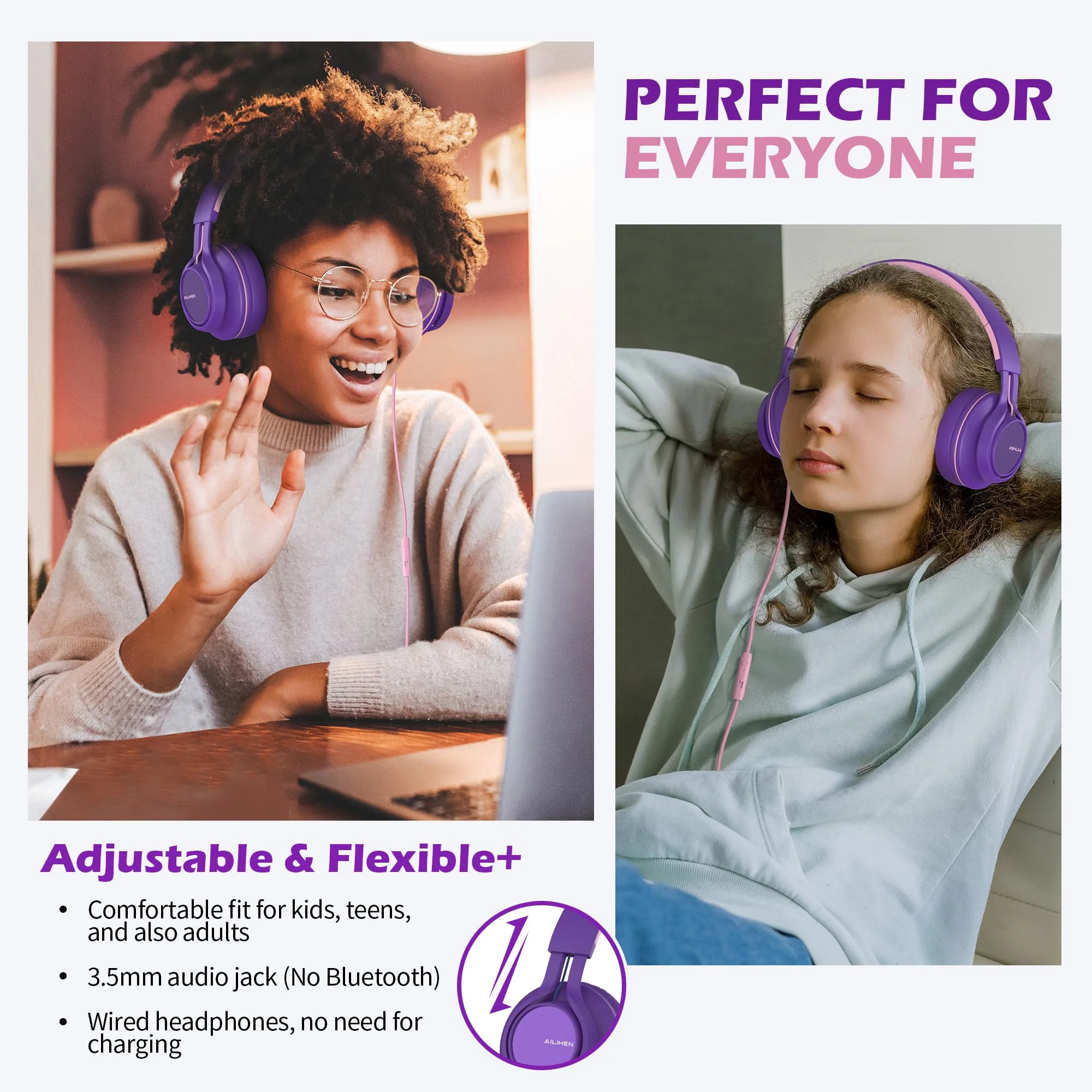 AILIHEN C8 Girls Headphones, On-Ear Headphones Wired with Microphone and Volume Control Foldable Corded Stereo 3.5mm Headset for Girls School Chromebook Laptop Computer PC Tablets Travel (Purple Pink) Purple Pink - Image 2