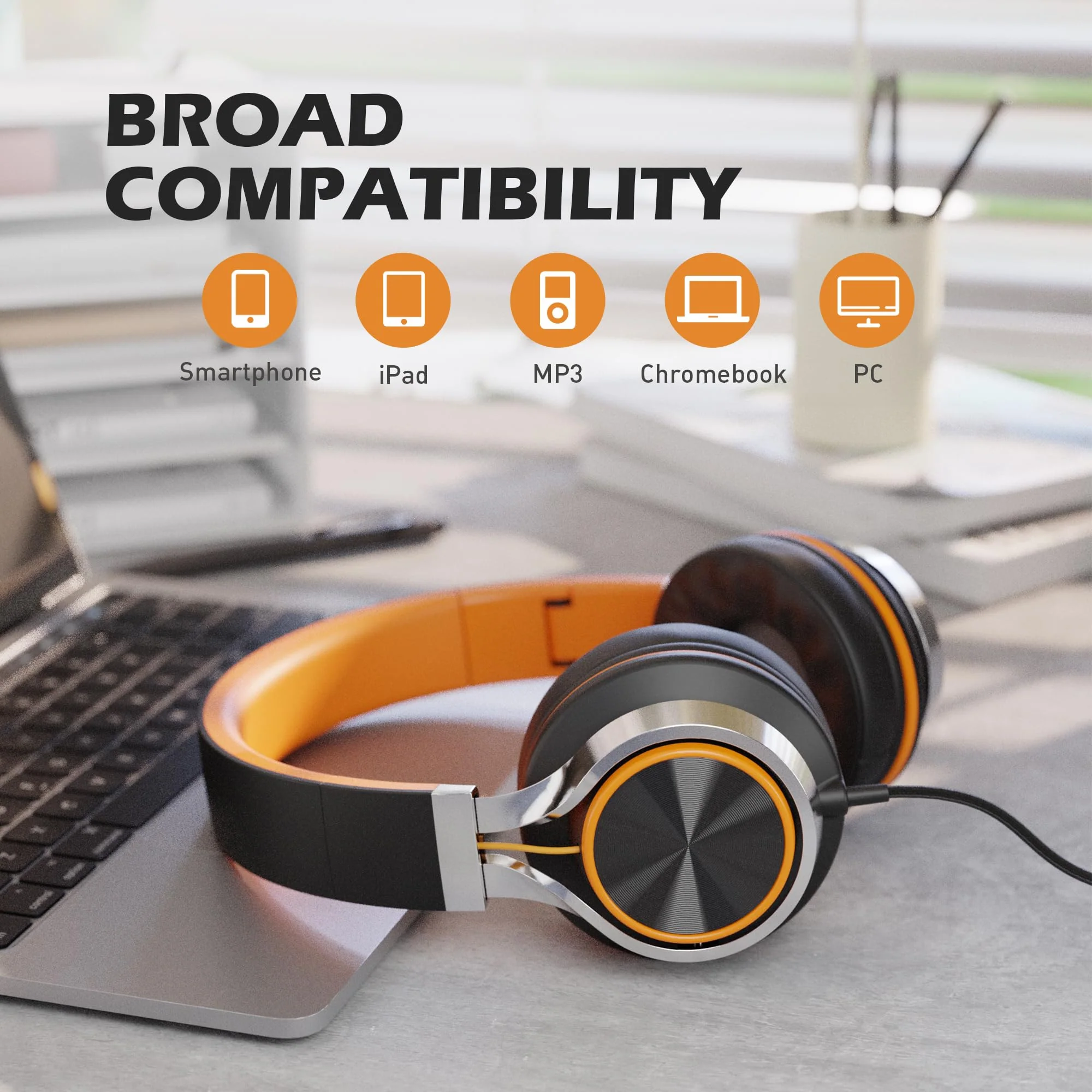 AILIHEN C8 Headphones Wired with Microphone and Volume Control Folding Stereo Lightweight Corded On-Ear 3.5mm Headset for Boys Girl Cellphones Tablets Chromebook Laptop Computer (Black/Orange) Black - Image 6