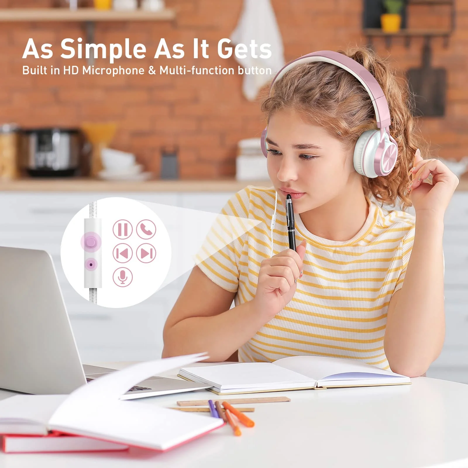 AILIHEN MS300 Girl Headphones for Kids School, Wired On-Ear Headsets with Microphone for Chromebook Laptop Computer, Foldable Adjustable Teen Headphones, Tangle-Free, 3.5mm Jack (Rose Gold) Pink - Image 2