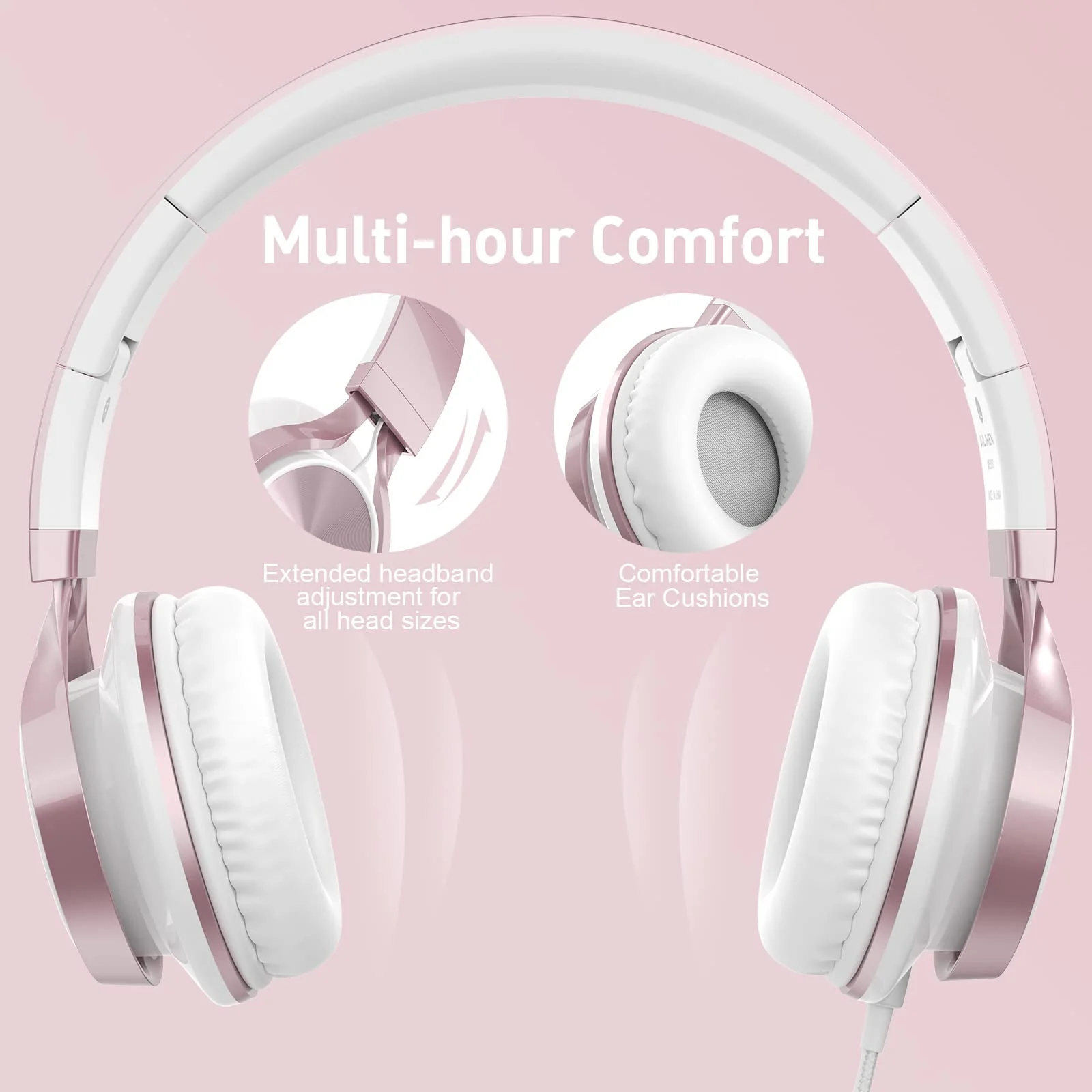 AILIHEN MS300 Girl Headphones for Kids School, Wired On-Ear Headsets with Microphone for Chromebook Laptop Computer, Foldable Adjustable Teen Headphones, Tangle-Free, 3.5mm Jack (Rose Gold) Pink - Image 6