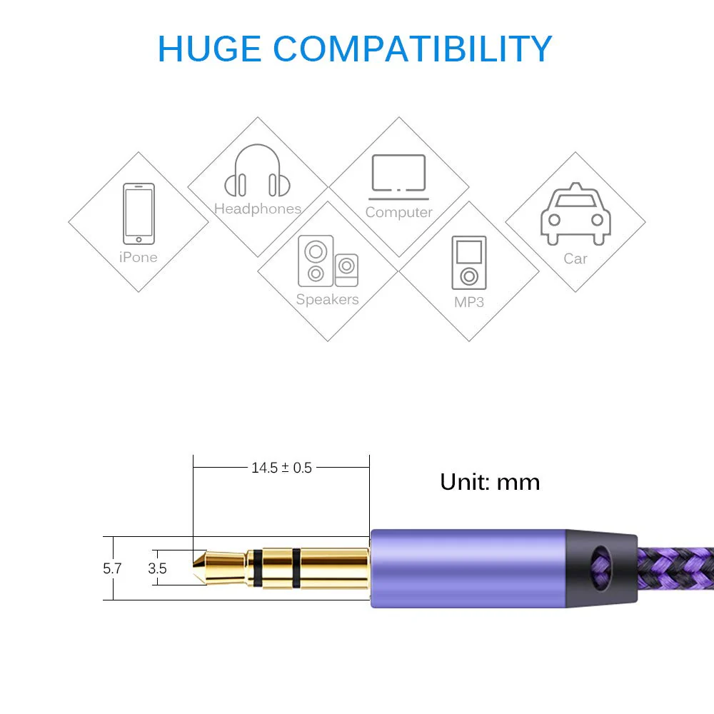 AILKIN AUX Cord for Car, 2 Pack 3.5mm Auxiliary Audio Cable, Braided Stereo AUX Chords Compatible Headphone Car, iPhone, iPod, iPad, Samsung Galaxy, HTC, LG, Google Pixel, Tablet & More-5Feet/1.5M 5FT Blue, Purple - Image 2