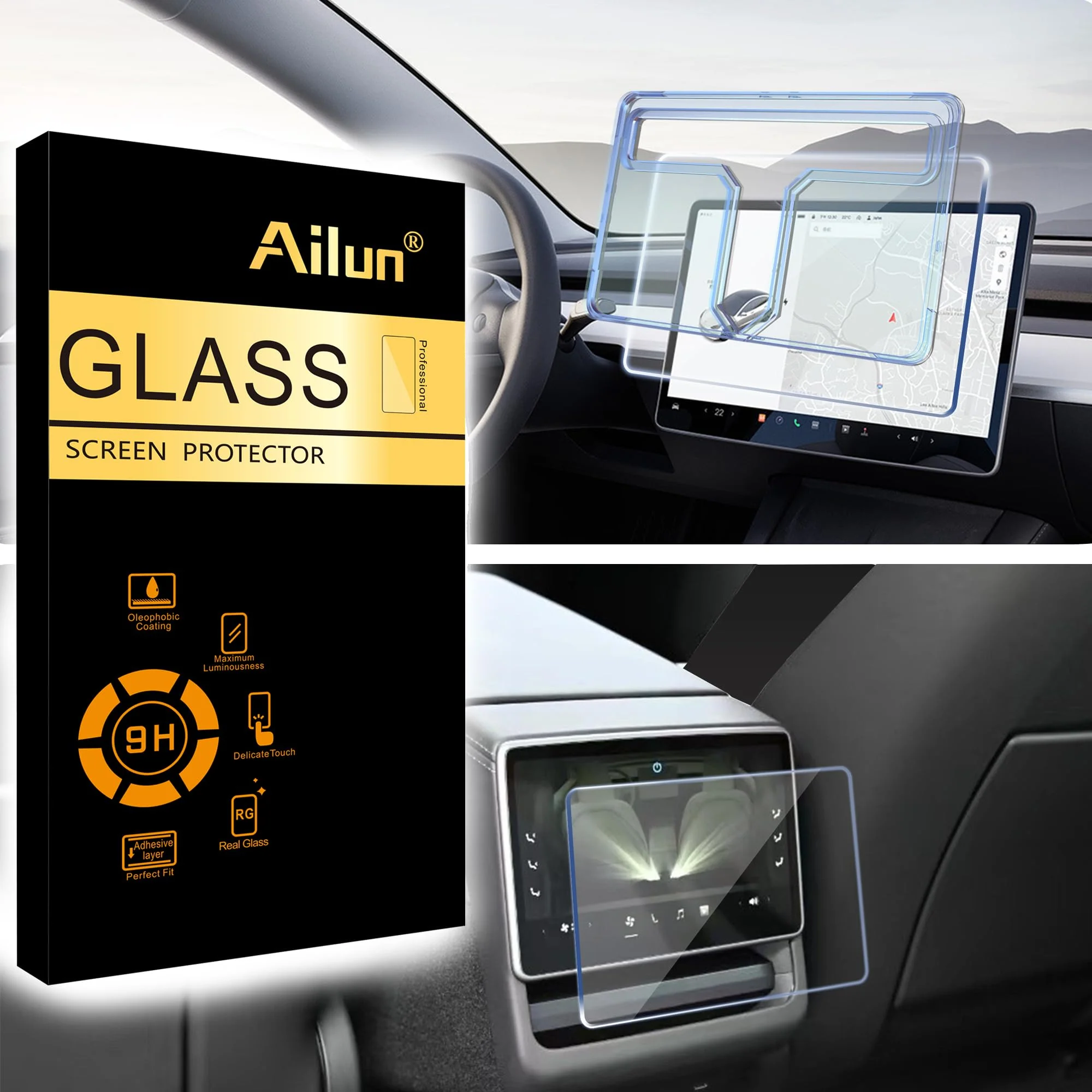 Ailun Tempered Glass Screen Protector for Tesla Model 3 2024 Highland Refresh Center Console Dashboard Touchscreen [15.4 Inch] with Auto Alignment Tool + Armrest Box Screen Protector [8 Inch]