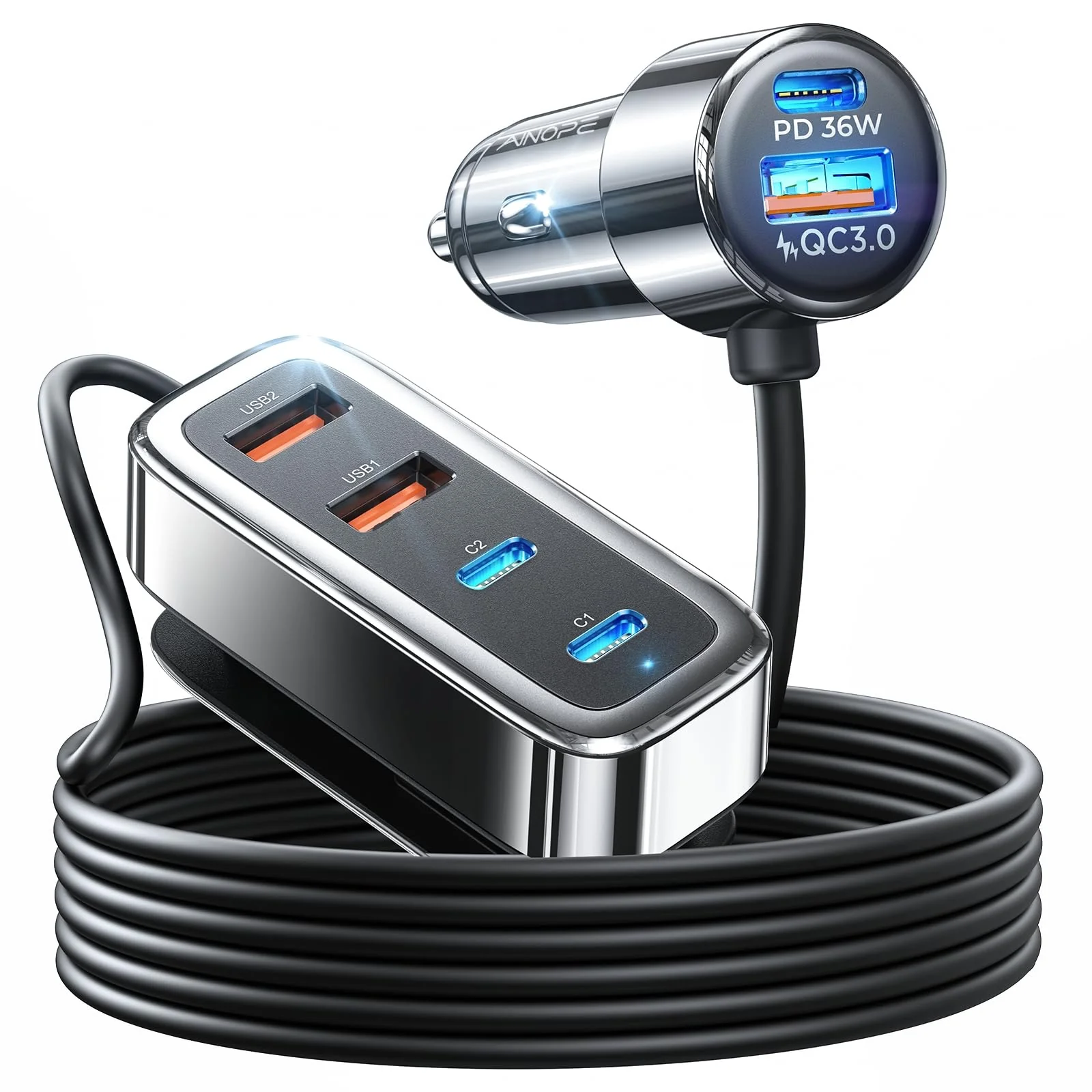 AINOPE Car USB Charger Multi Port, 108W Fast USB C Car Charge PD 36W & QC3.0 Cigarette Lighter Car Travel Essentials for Long Trips Kids with 5FT Cable for iPhone 16 15 Pro Max 14/iPad/Samsung S24