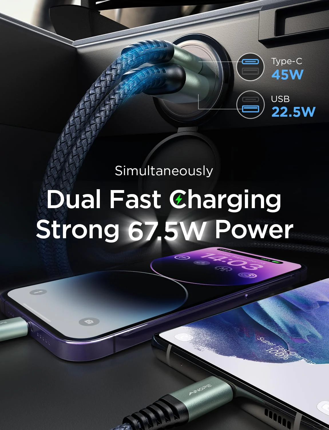 AINOPE for【Apple MFi Certified】 67.5W iPhone Car Charger Fast Charging Cigarette Lighter USB Charger, Mini USB C Car Charger Adapter for iPhone 14/14 Pro Max/14 Plus/13/12 Black - Image 5