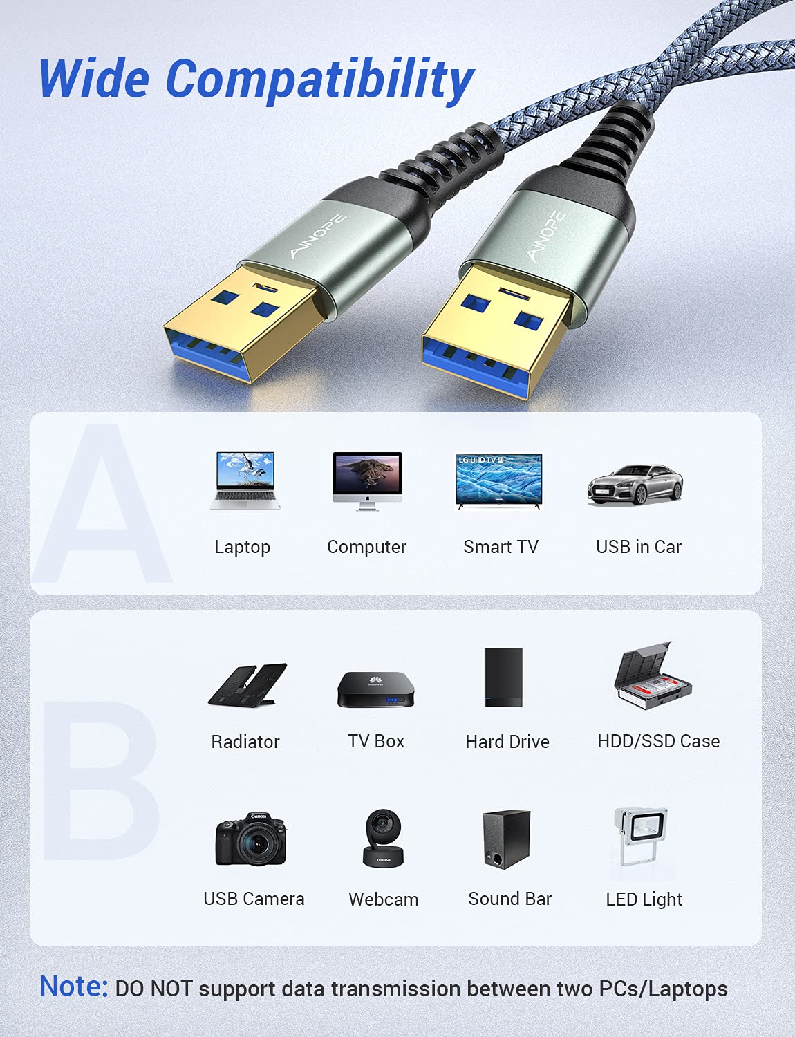 AINOPE USB 3.0 A to A Male Cable, [6.6FT] [Never Rupture] USB Male to Male Cable Double End USB Cord Compatible with Hard Drive Enclosures, DVD Player, Laptop Cool-Grey 6.6FT Grey 1 - Image 7