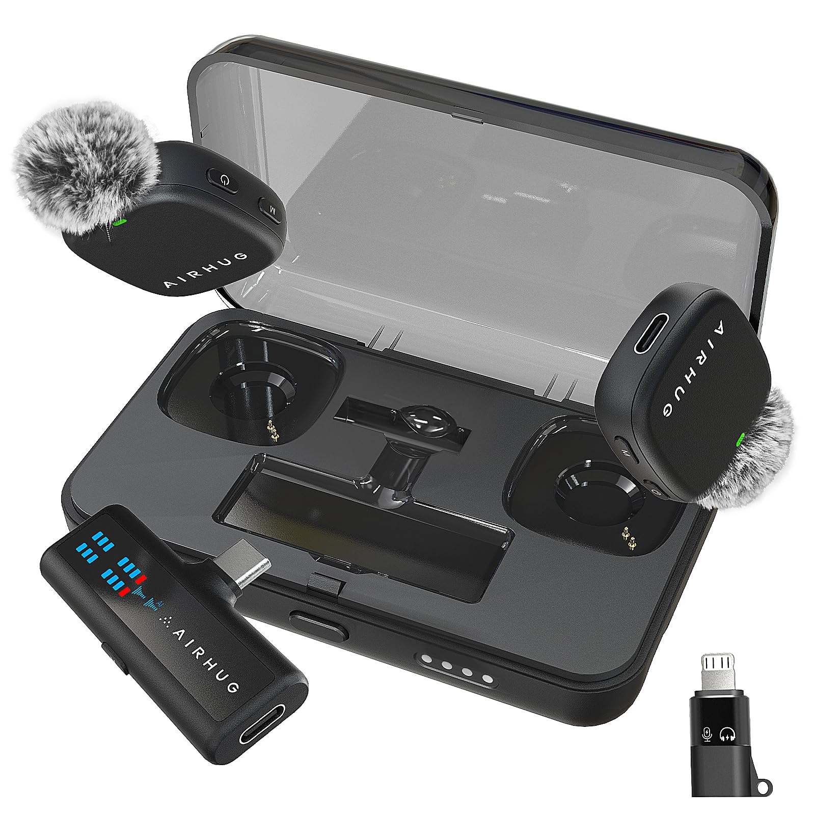 AIRHUG Mini Mic Pro Wireless Microphone for iPhone, iOS and Android Devices, Magnetic Microphone for Video Recording,Plug-Play, 60H Battery, 48KHz 24Bit, 3 Recording Modes for Vlog, YouTube, Podcast Mic 2 (2 TX + 1 RX + Charging Case +2 Wind Covers)