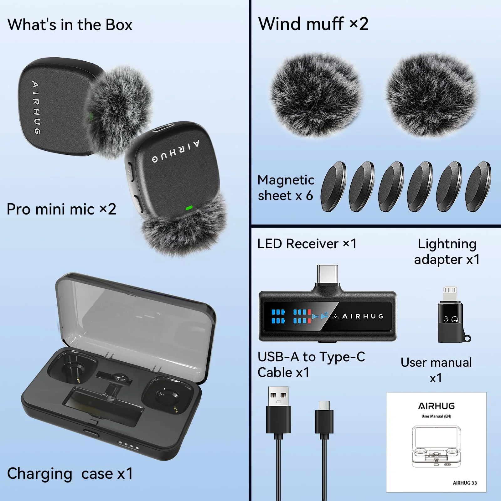AIRHUG Mini Mic Pro Wireless Microphone for iPhone, iOS and Android Devices, Magnetic Microphone for Video Recording,Plug-Play, 60H Battery, 48KHz 24Bit, 3 Recording Modes for Vlog, YouTube, Podcast Mic 2 (2 TX + 1 RX + Charging Case +2 Wind Covers) - Image 8