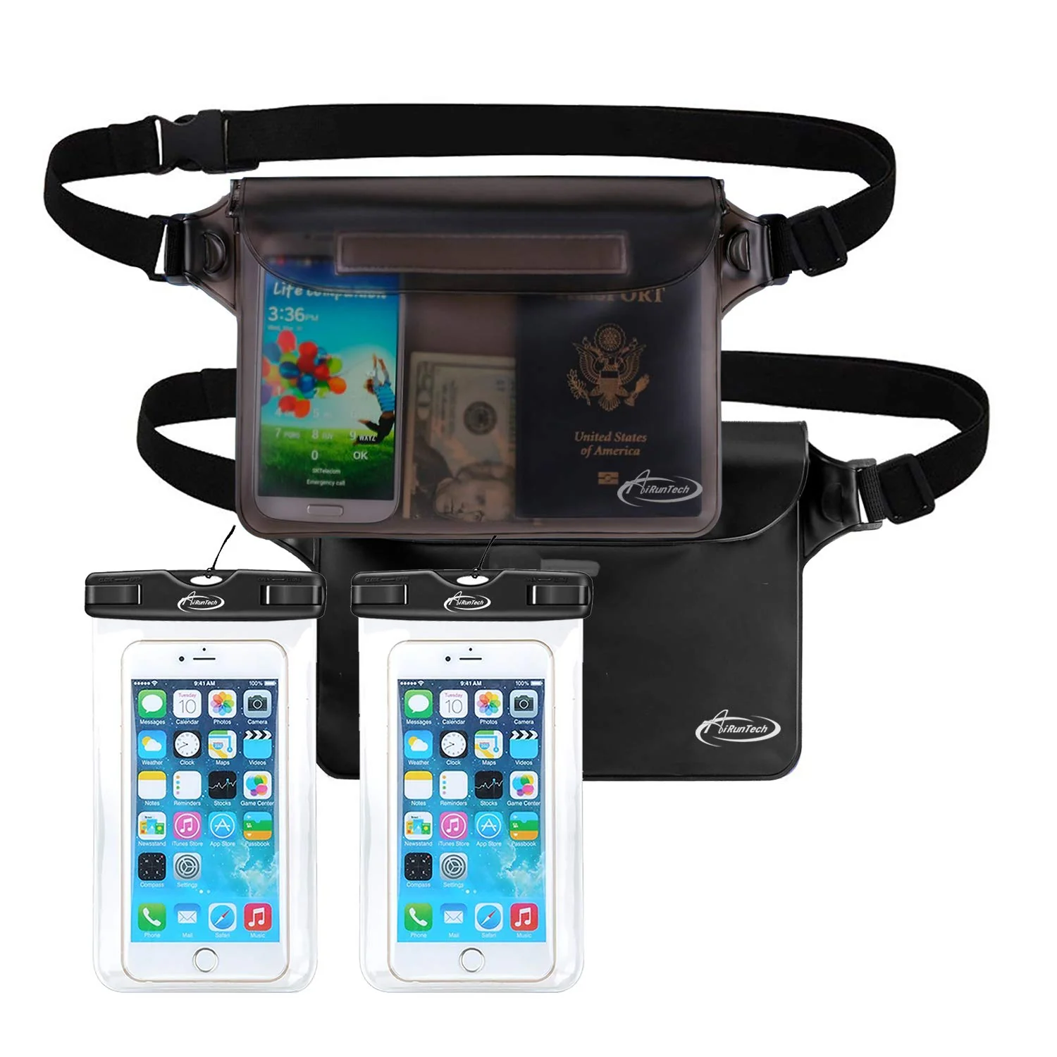 AiRunTech Waterproof Dry Bag and Waterproof Cell Phone Bag for Outdoor Water Sports, Boating, Hiking,Kayaking,Fishing (2 * Phone case(Clear) + 2 * Fanny Pack(Black+Gray)) 2 * phone cases(black) + 2 * fanny packs(black+gray) REGULAR SETS