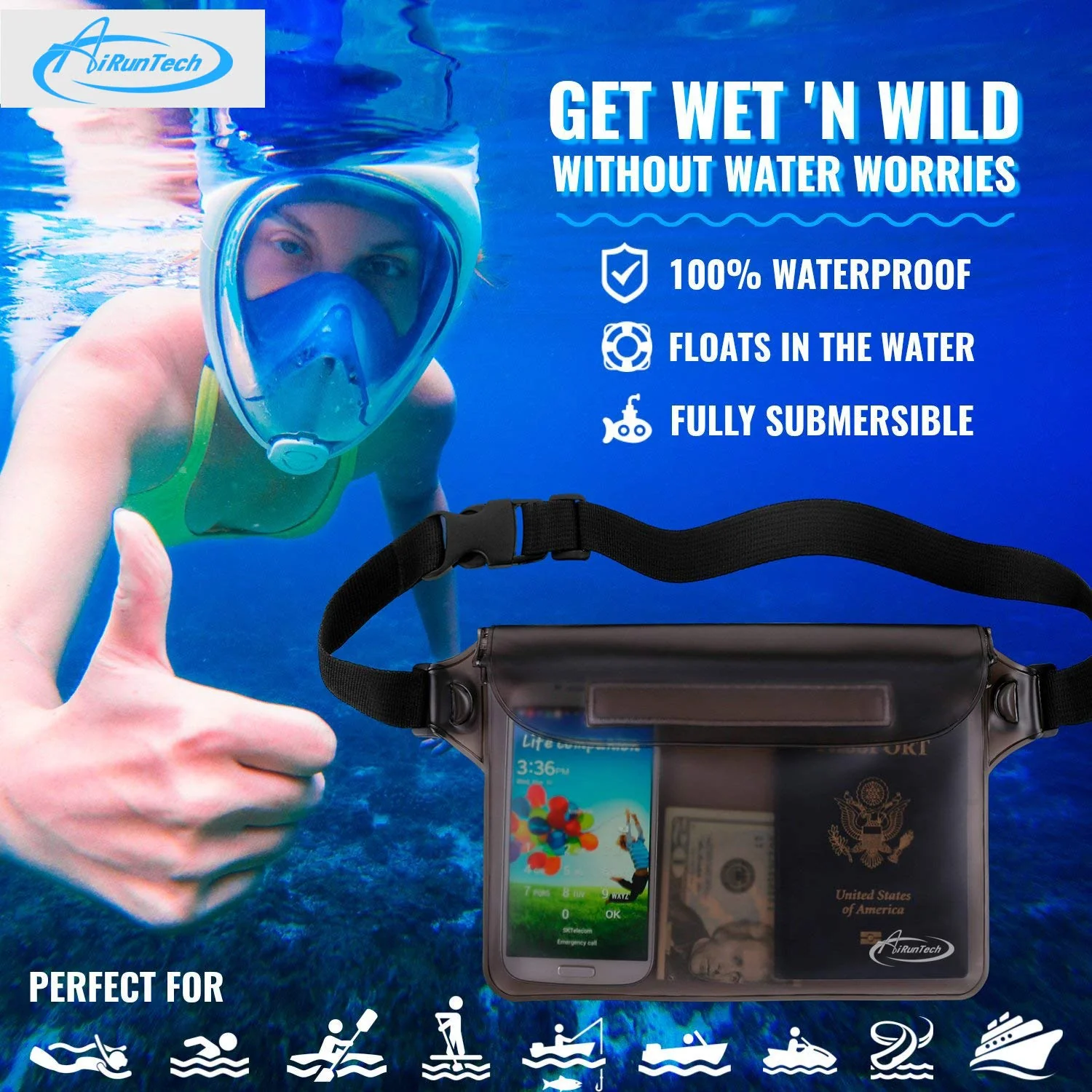 AiRunTech Waterproof Dry Bag and Waterproof Cell Phone Bag for Outdoor Water Sports, Boating, Hiking,Kayaking,Fishing (2 * Phone case(Clear) + 2 * Fanny Pack(Black+Gray)) 2 * phone cases(black) + 2 * fanny packs(black+gray) REGULAR SETS - Image 3