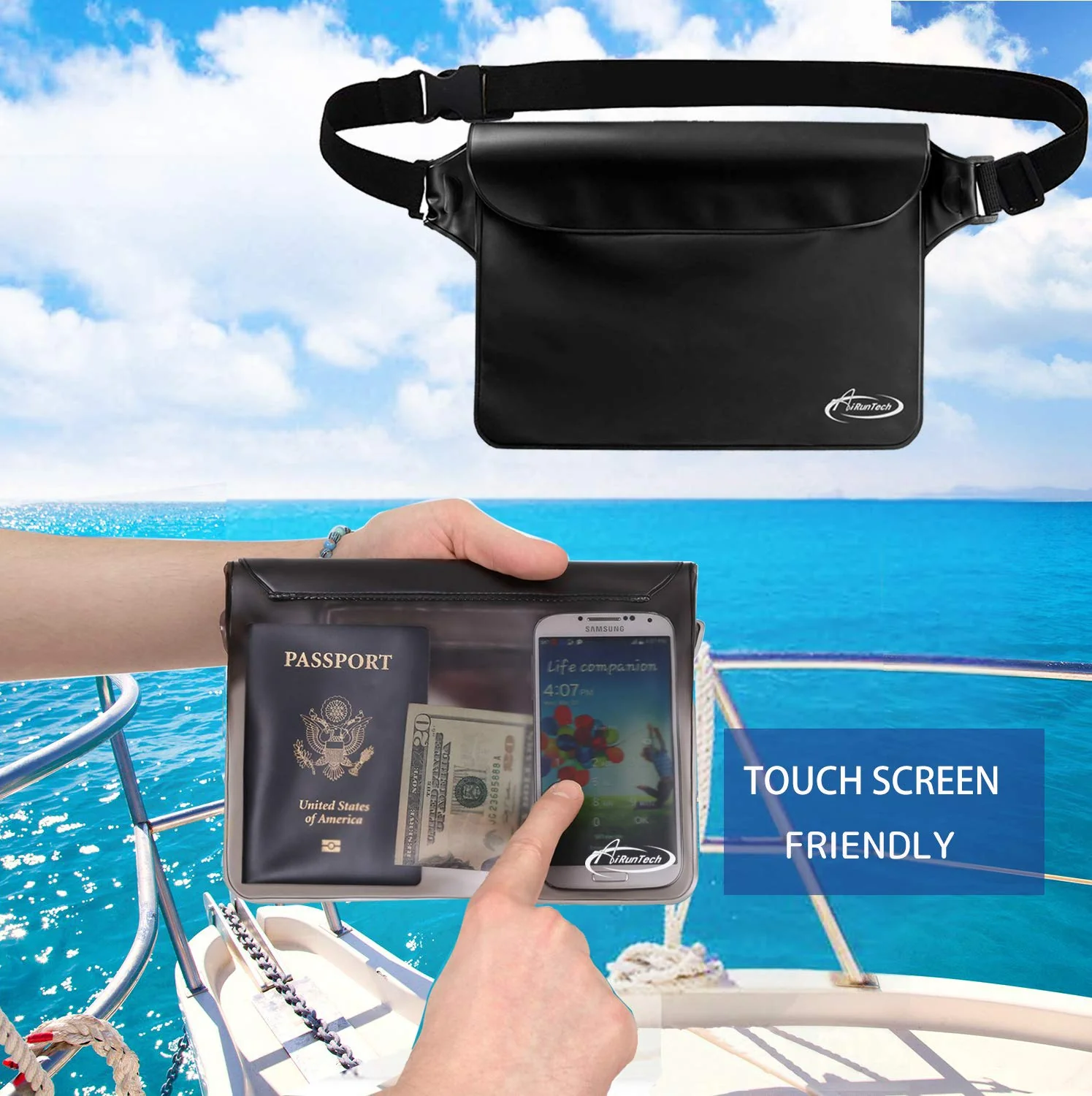 AiRunTech Waterproof Dry Bag and Waterproof Cell Phone Bag for Outdoor Water Sports, Boating, Hiking,Kayaking,Fishing (2 * Phone case(Clear) + 2 * Fanny Pack(Black+Gray)) 2 * phone cases(black) + 2 * fanny packs(black+gray) REGULAR SETS - Image 4
