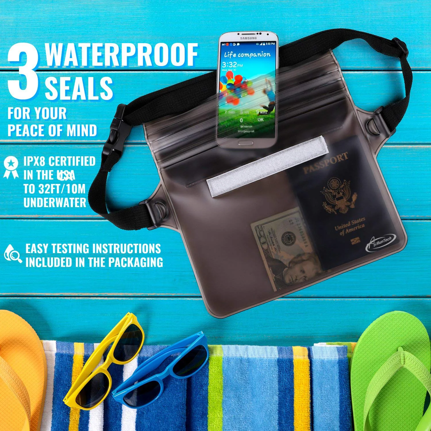 AiRunTech Waterproof Dry Bag and Waterproof Cell Phone Bag for Outdoor Water Sports, Boating, Hiking,Kayaking,Fishing (2 * Phone case(Clear) + 2 * Fanny Pack(Black+Gray)) 2 * phone cases(black) + 2 * fanny packs(black+gray) REGULAR SETS - Image 8