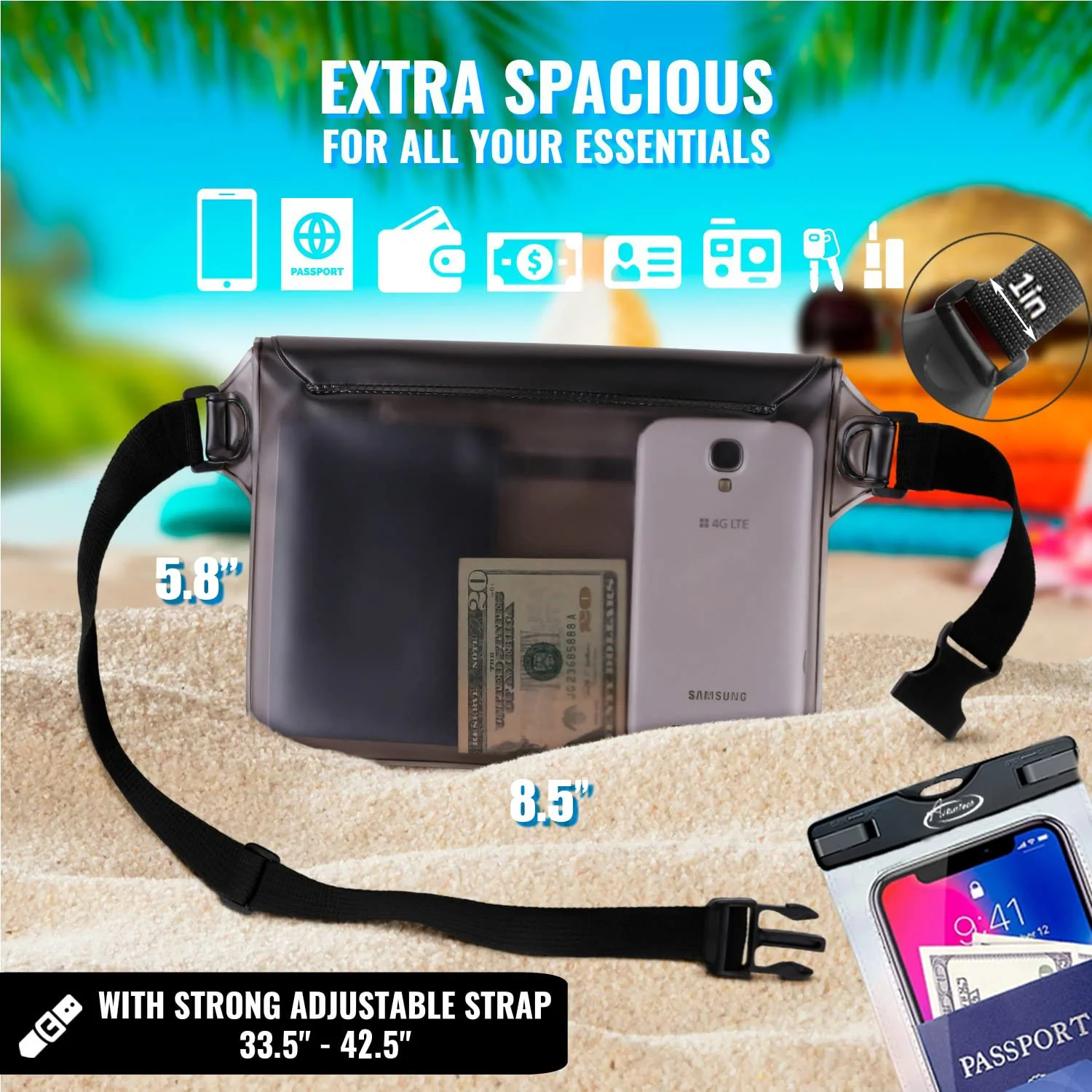 AiRunTech Waterproof Dry Bag and Waterproof Cell Phone Bag for Outdoor Water Sports, Boating, Hiking,Kayaking,Fishing (2 * Phone case(Clear) + 2 * Fanny Pack(Black+Gray)) 2 * phone cases(black) + 2 * fanny packs(black+gray) REGULAR SETS - Image 9