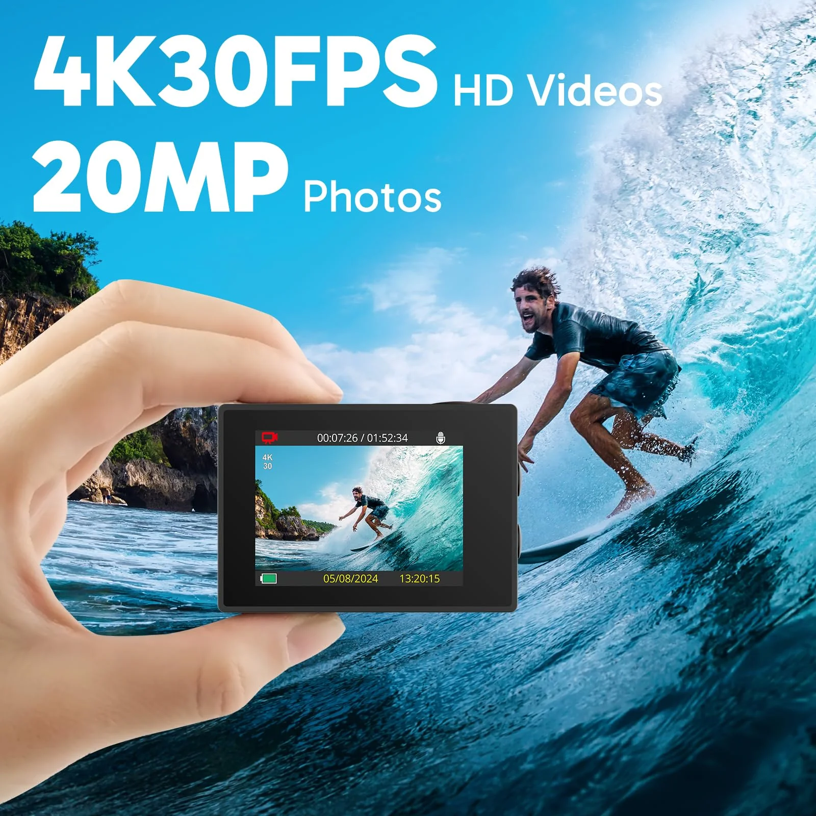 AKASO EK7000 4K30FPS 20MP WiFi Action Camera with EIS Ultra HD Underwater Camera 131FT Waterproof Camera Remote Control 4X Zoom Support External Microphone Blue - Image 2