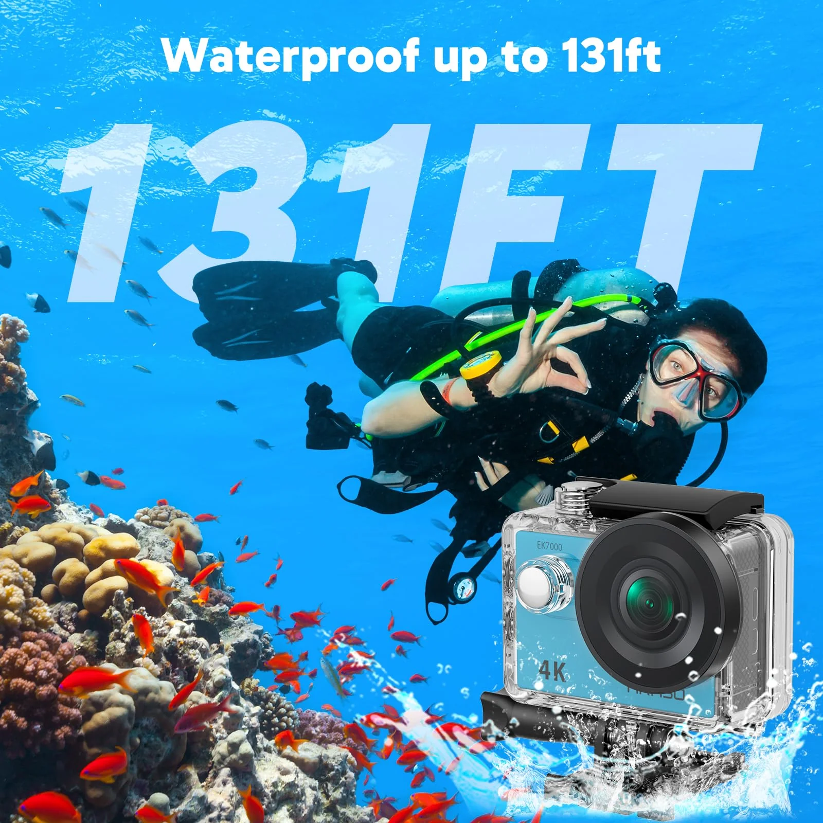 AKASO EK7000 4K30FPS 20MP WiFi Action Camera with EIS Ultra HD Underwater Camera 131FT Waterproof Camera Remote Control 4X Zoom Support External Microphone Blue - Image 4