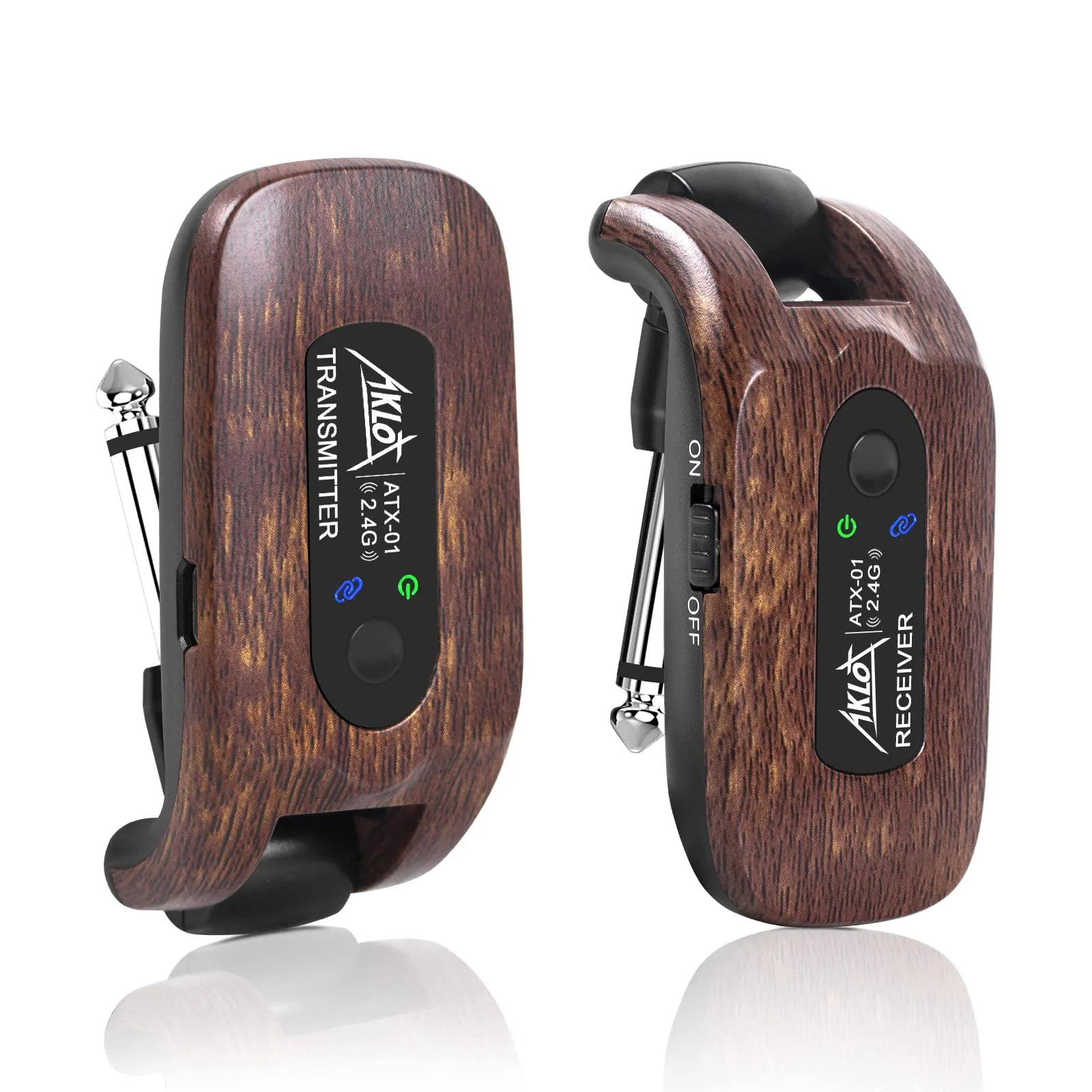 AKLOT Wireless Guitar System Transmitter Receiver Set 2.4GHz Built-in Rechargeable Lithium Battery Digital for Electric Guitar Bass Dark Brown
