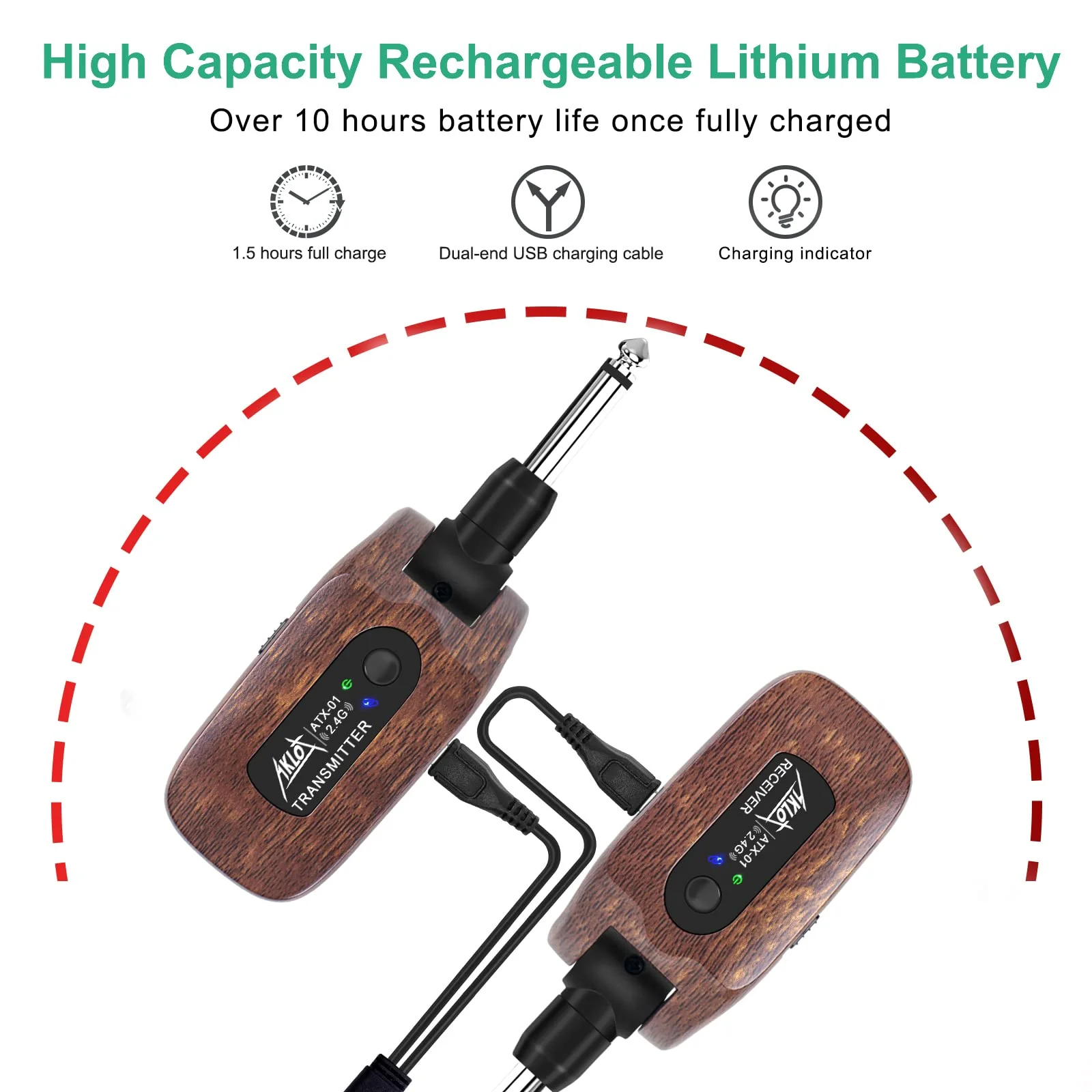 AKLOT Wireless Guitar System Transmitter Receiver Set 2.4GHz Built-in Rechargeable Lithium Battery Digital for Electric Guitar Bass Dark Brown - Image 4