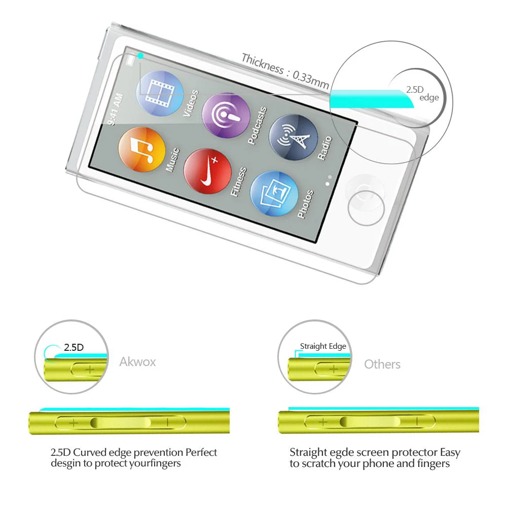 AKWOX (Pack of 2) Screen Protector for iPod Nano 7 8th 0.33mm High Definition Clear Tempered Glass Screen Protector Guard Film for iPod Nano 8th/7 Generation,Shockproof and Scratch-Resistant - Image 5
