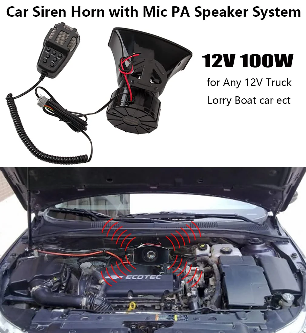 Alarm Horn Siren PA Speaker Mic System,BANHAO 100w 12v 7 Sound Loud Car Alarm Police Horn Police Car Siren Horn Speaker System Emergency Amplifier Alarm Kit Horn for 12V Truck Lorry Boat Car - Image 3