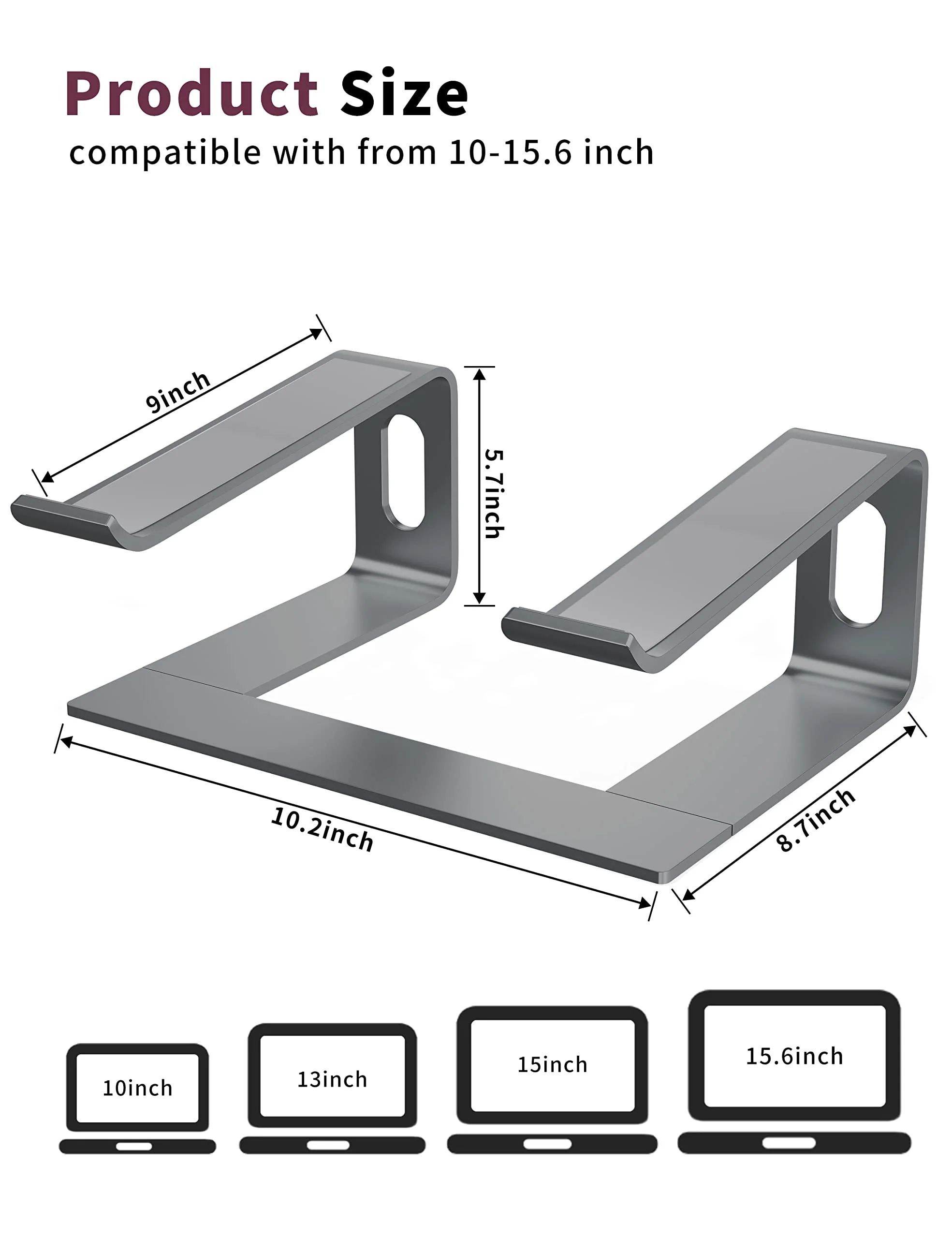ALASHI Laptop Stand for Desk, Aluminum Computer Riser, Ergonomic Notebook Holder, Detachable Metal Laptops Elevator, PC Cooling Mount Support 10 to 15.6 Inches Notebook, Grey C-Grey - Image 2