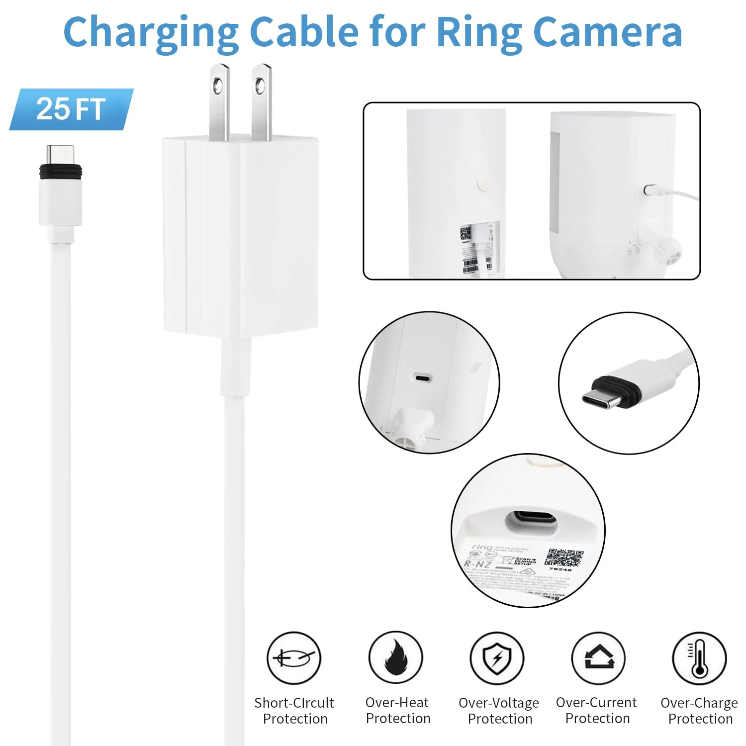 ALERTCAM 25ft/7.5m Weatherproof Charger Cable for Ring Spotlight Cam Plus/Pro(Battery), Ring Stick Up Cam Pro(Battery), with Power Adapter Continuously Charging Your Ring Camera - Image 4