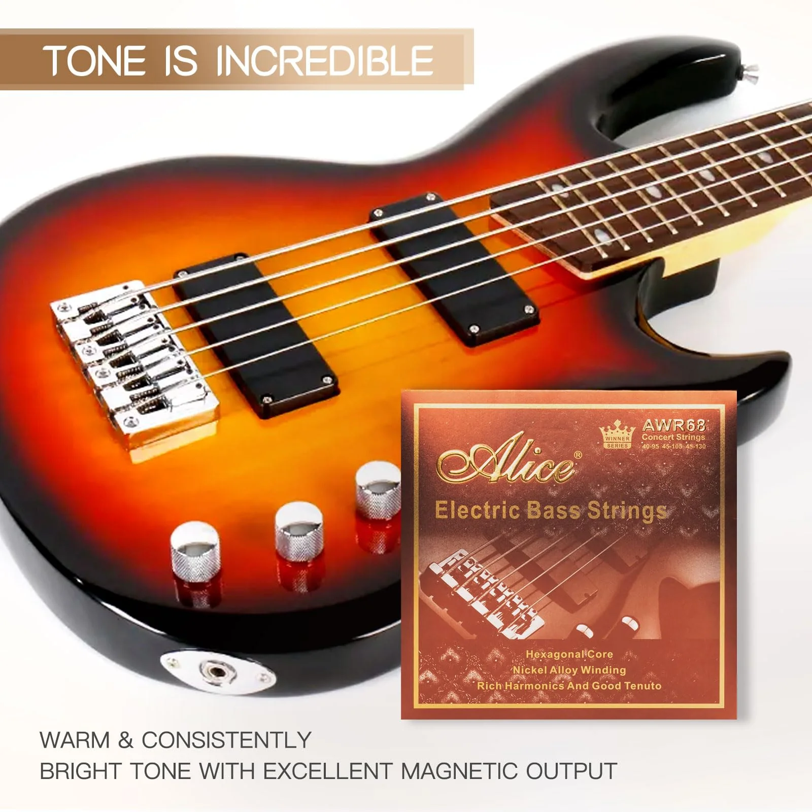Alice Bass Guitar String 4 Strings Set, Hexagonal Core with Nickel Alloy Winding, 045-105 Medium Gauge, Saturated & Warm Sliver&Gold Ball End Professional 45-105(4 Strings) - Image 6