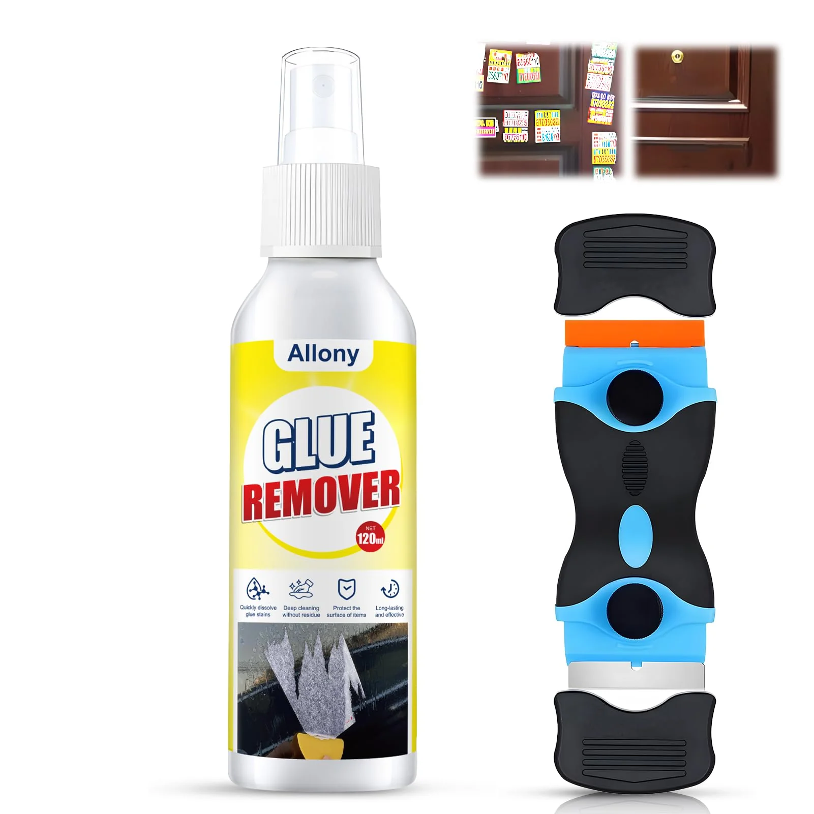ALLONY Label Remover, Label Remover Spray, Adhesive Remover Extra Strong, Sticker Remover, Carbon Remover with Scraper, Quickly Removes Stubborn Adhesive Residue, Glue Remover - 120 ml
