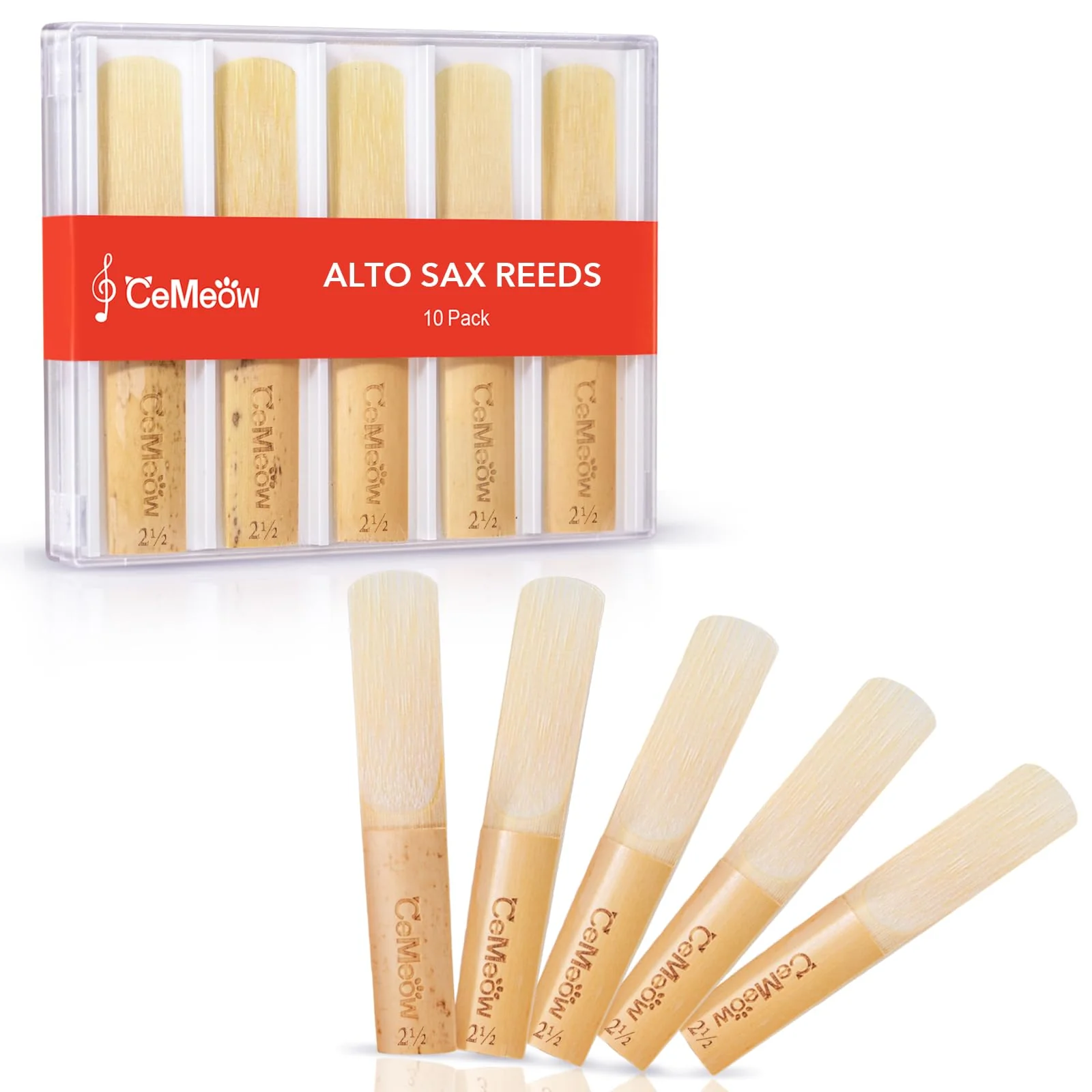 Alto Saxophone Reeds 2.5, Professional Alto Sax Reeds 10Pack with Plastic Box, Thinner Reed Tip Advanced Cutting Technology for Saxophone Beginner and Player Strength 2.5