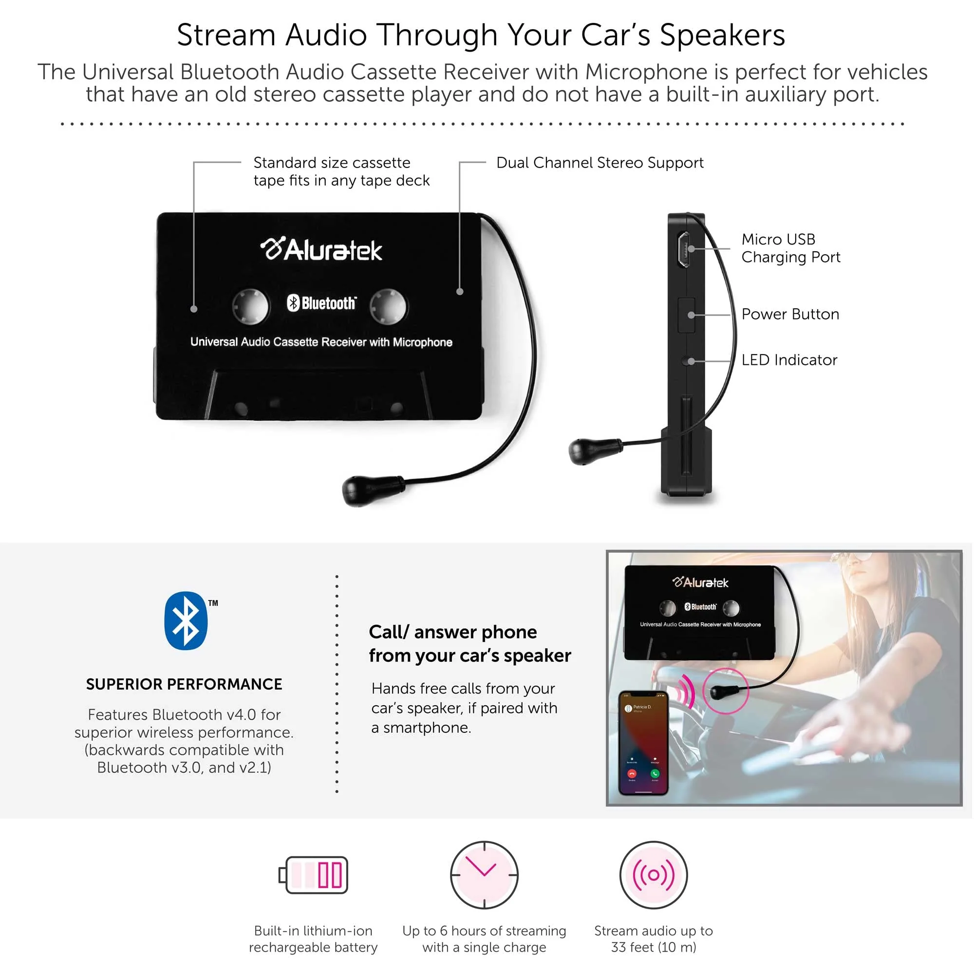 Aluratek Premium Audio Cassette Receiver, Premium Car Audio, Universal 3.5mm Audio Jack or AUX-in Port, Supports Phones/Tablets/Stereo/Headphones/Hi-Fi/Portable Speaker, 3 Foot Cable Length ACTA01F - Image 6