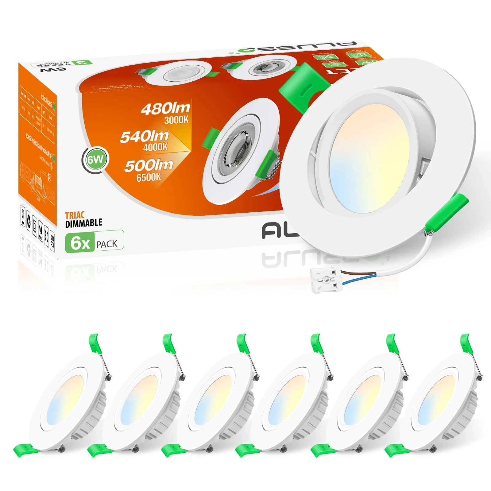 ALUSSO LED Recessed Spotlight 230 V 76 mm, 6 W Tilt Recessed Spotlight, LED Flat 25 mm, 3CCT Spot Warm White 3000 K Natural White 4000 K Cool White 6500 K, Removable Recessed Spotlight, LED Dimmable Neigung Abnehmbar, Ø75-78mm Lochmass