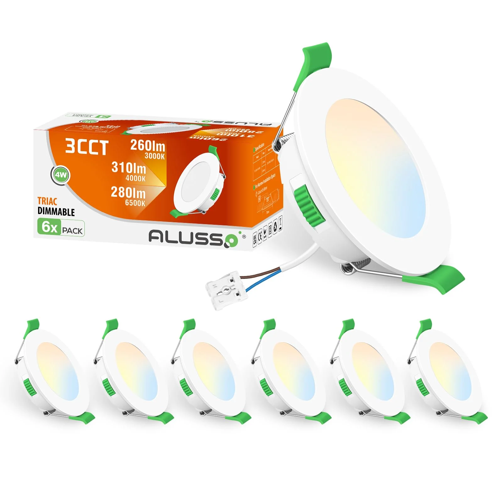 ALUSSO LED Recessed Spotlights, 230 V, 68 mm, Dimmable, 4 W, Ultra-Flat, 310 Lm, IP44, Warm White 3,000 K, Neutral White 4,000 K, Cool White 6,500 K, for Bathroom, Living Room, Set of 6. 4w White, Diameter 55-68 Mm Hole Size