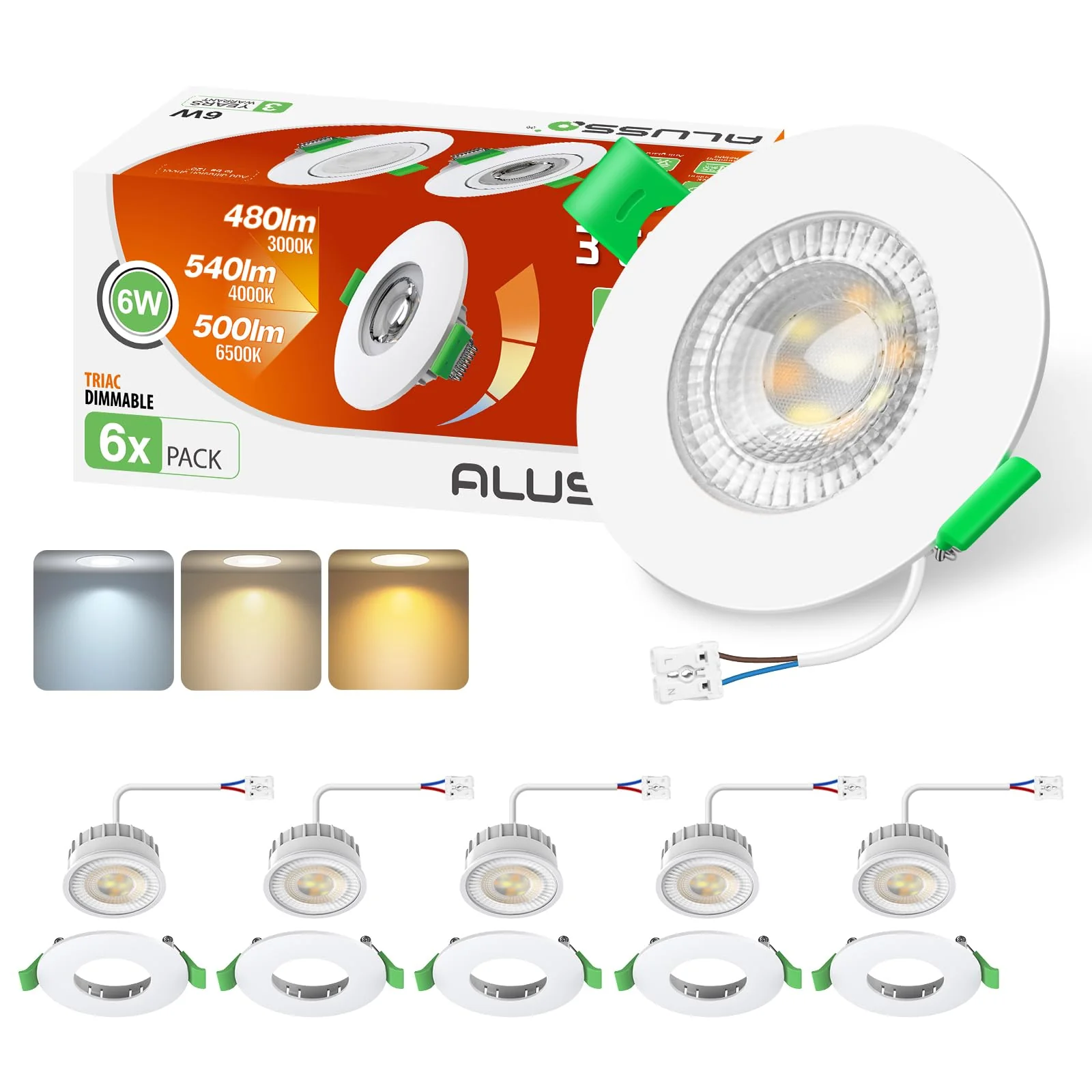 ALUSSO LIGHTING LED Recessed Spotlight, 230 V, Dimmable Flat, Spotlights, 6 W, 68 mm with Removable Module, 3CCT Warm White, Natural White, Cool White, IP44 Recessed Lights, Ceiling Spotlights for Set of 6 White Fixed - 3 Cct, Hole Size Diameter 68-75 Mm