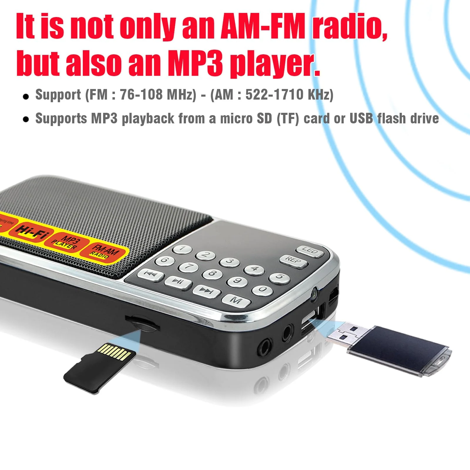 AM FM Radio portable Rechargeable Battery Operated Small Radio Micro SD Card/USB Flash Drive MP3 Player Pocket Radios with Excellent Reception and Sound for Home and Outdoor Use black - Image 2