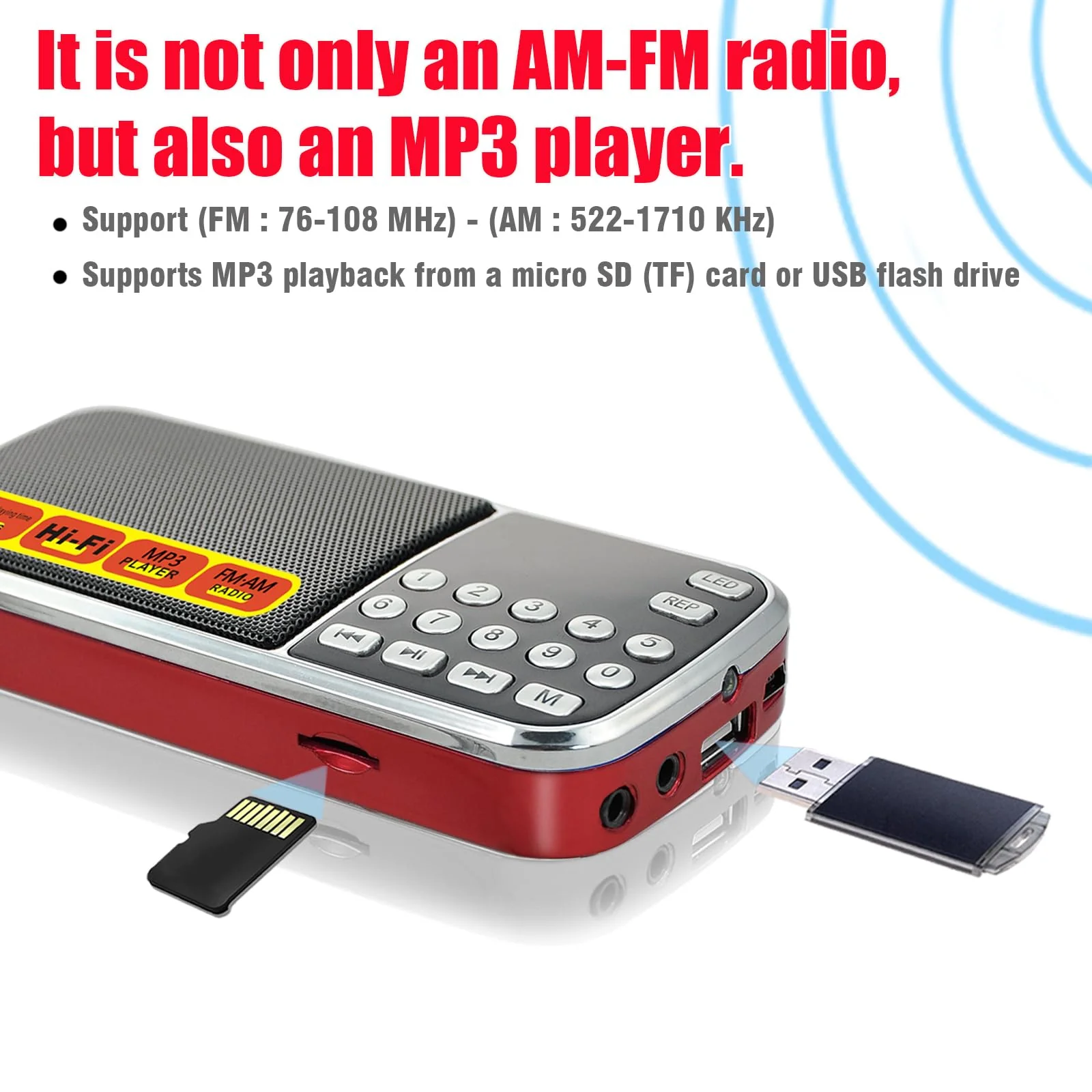 AM FM Radio portable Rechargeable Battery Operated Small Radio Micro SD Card/USB Flash Drive MP3 Player Pocket Radios with Excellent Reception and Sound for Home and Outdoor Use red - Image 2