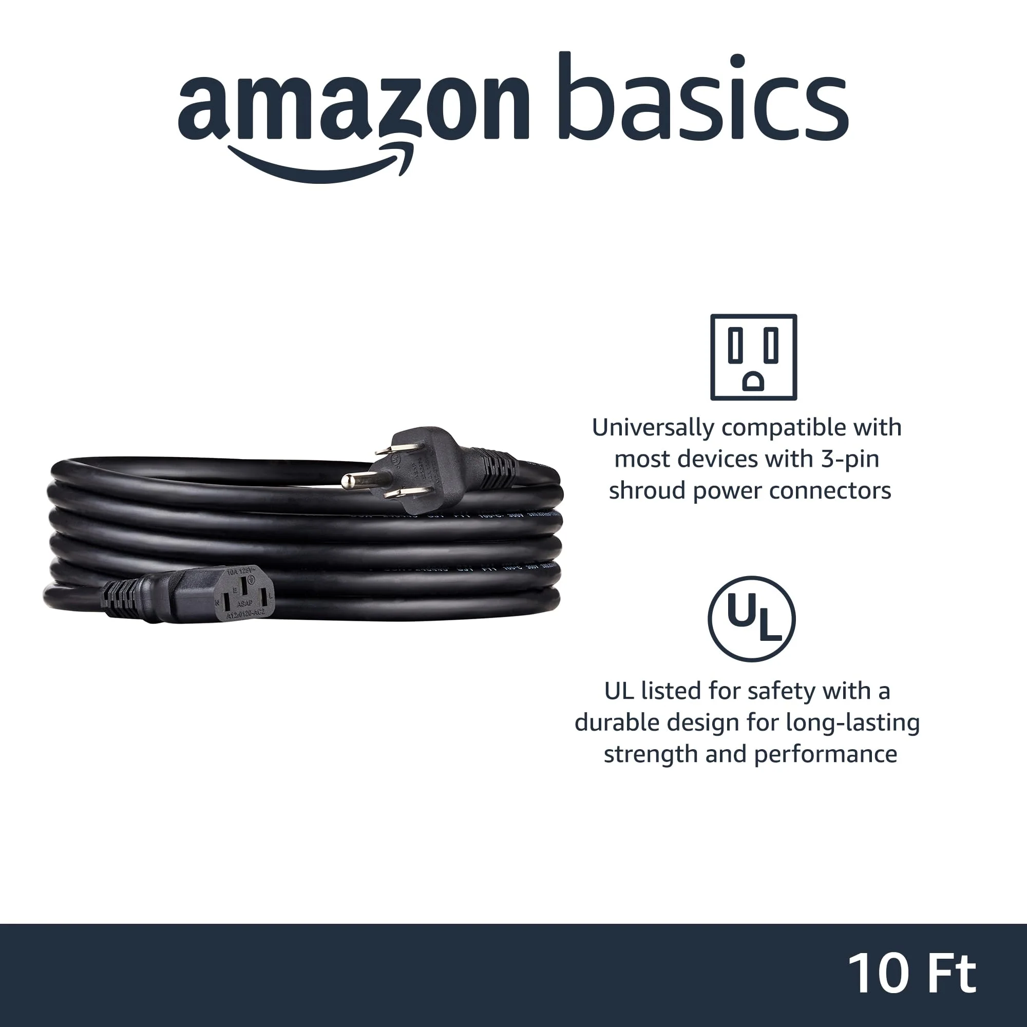 Amazon Basics 10 Feet Computer Monitor TV Replacement 3 Prong AC Power Cord, 18 AWG, 125 Volts, Black - Image 2