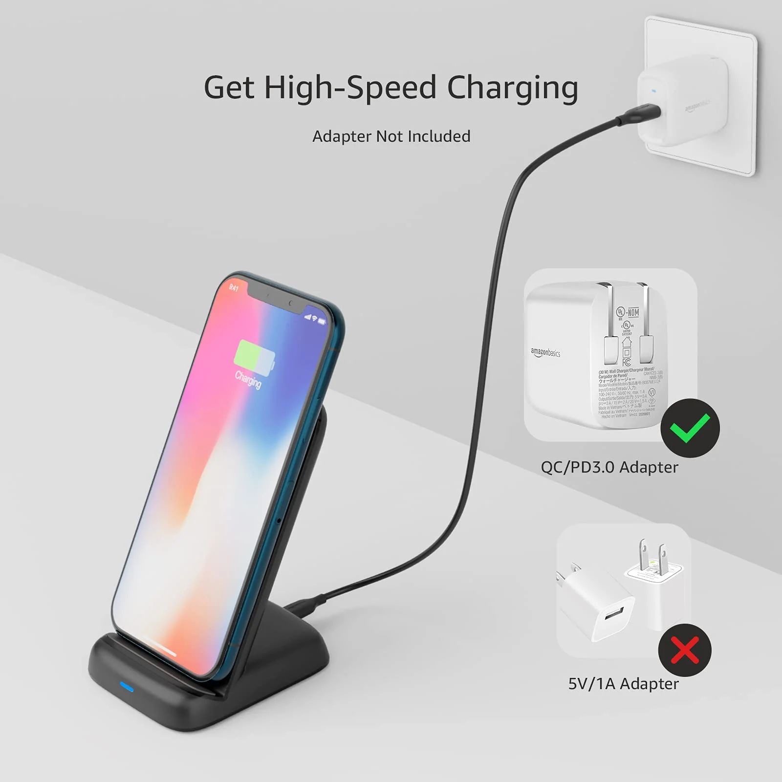 Amazon Basics 10W Qi Certified Wireless Charging Stand (iPhone 15/14/13/12/11/X, Samsung), with USB Cable (No AC Adapter), Black - Image 3