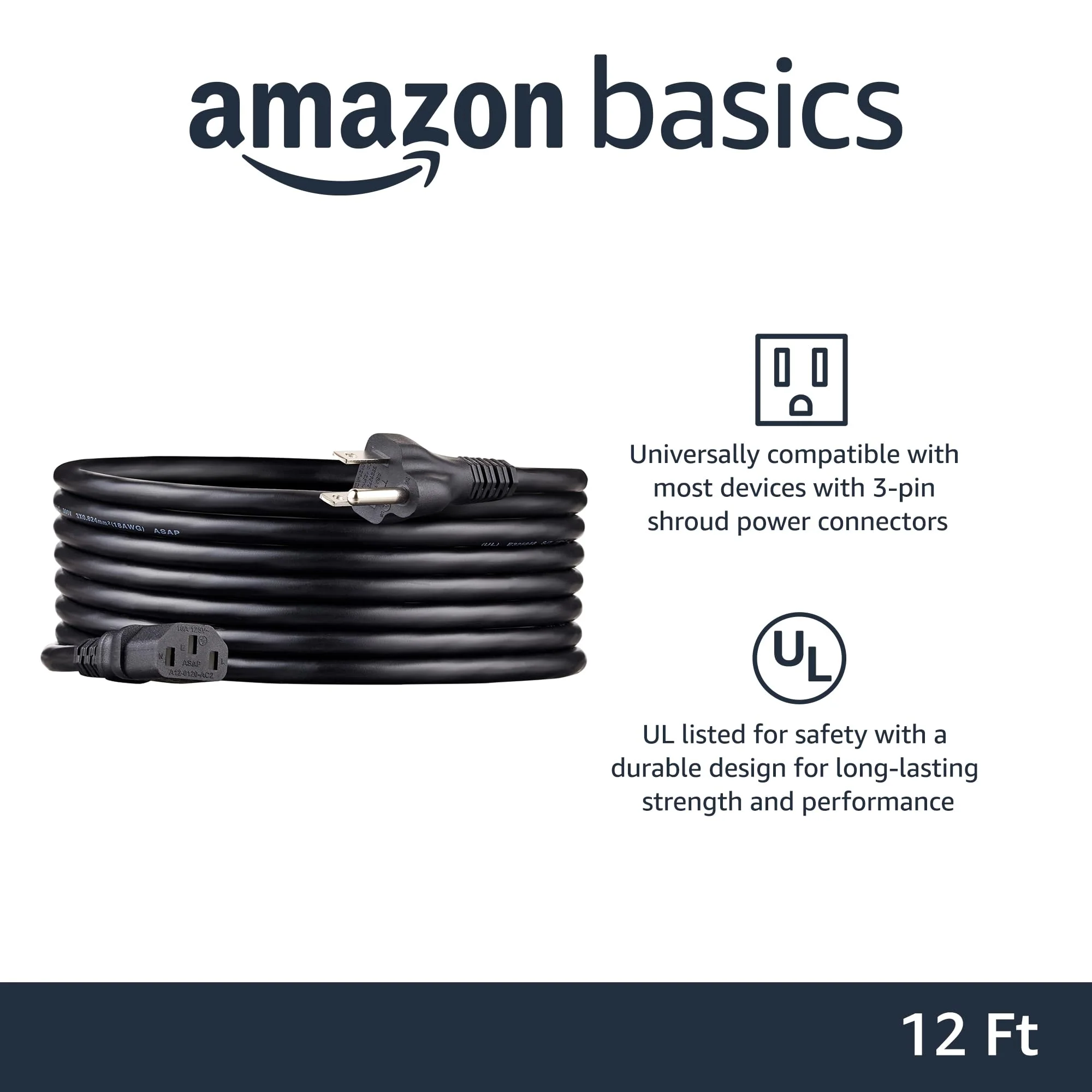 Amazon Basics 12 Feet Computer Monitor TV Replacement 3 Prong AC Power Cord, 18 AWG, 125 Volts, Black - Image 2