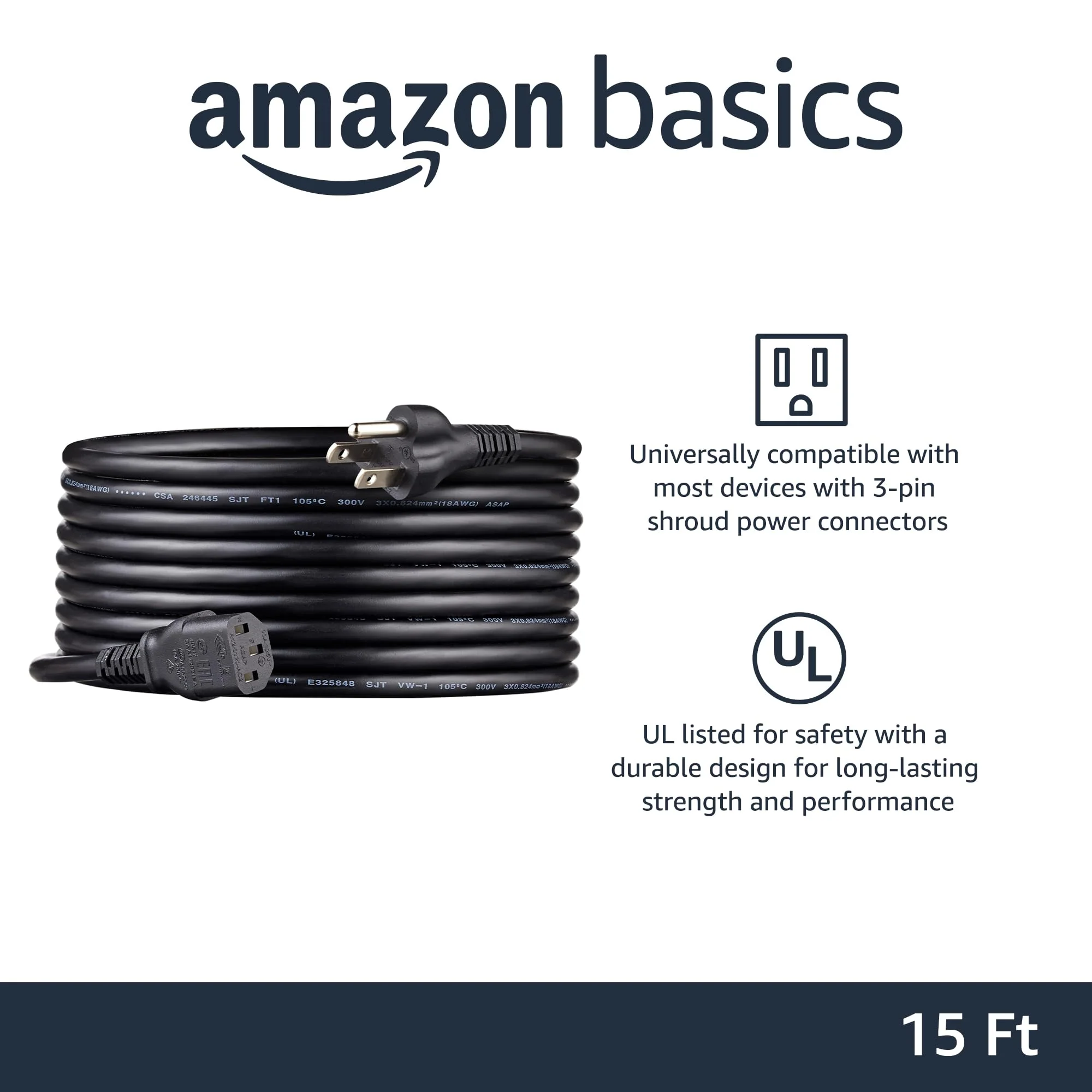 Amazon Basics 15 Feet Computer Monitor TV Replacement 3 Prong AC Power Cord, 18 AWG, 125 Volts, Black - Image 2