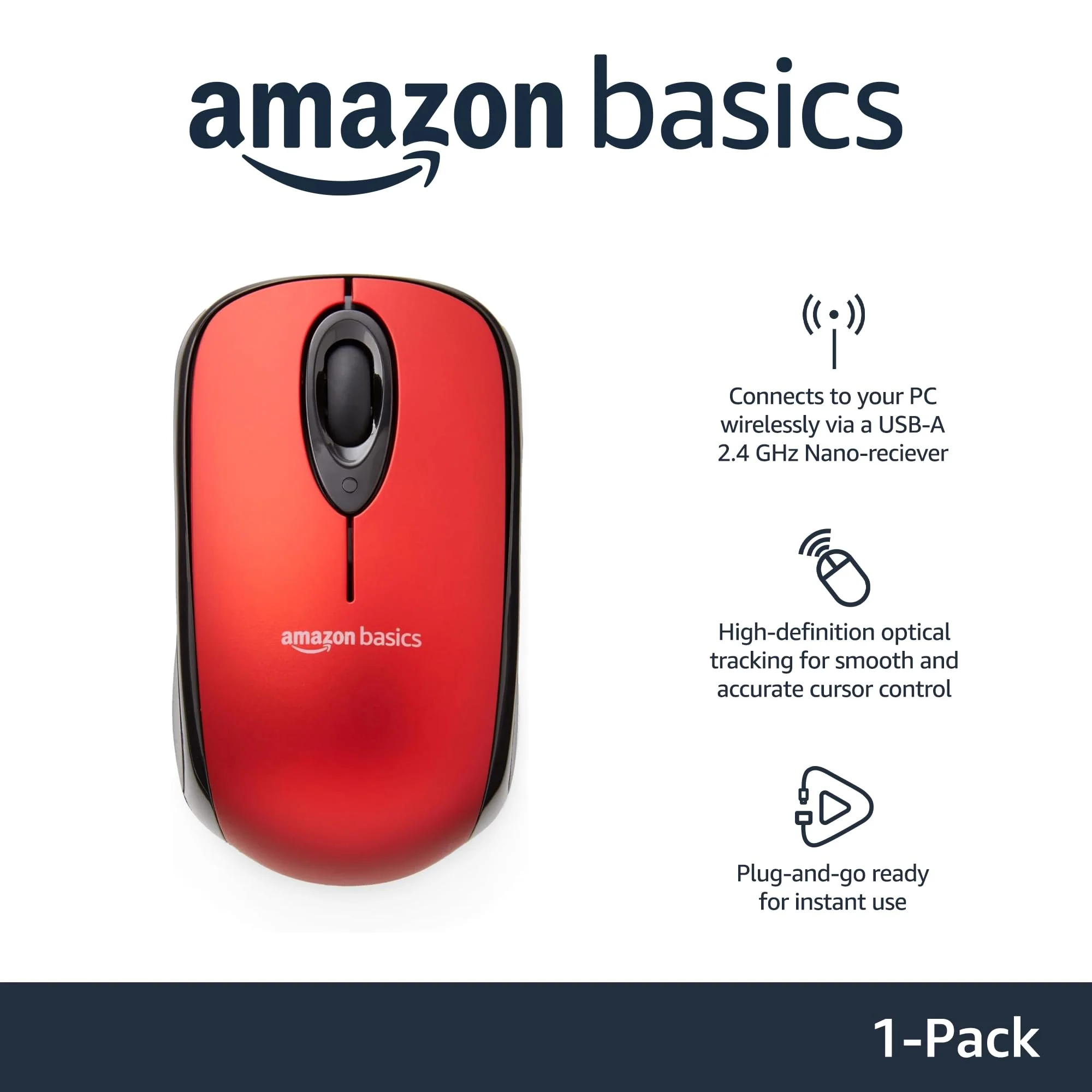 Amazon Basics 2.4 GHz Optical Wireless Mouse for Laptop and Computer, USB Nano Receiver, Red - Image 2