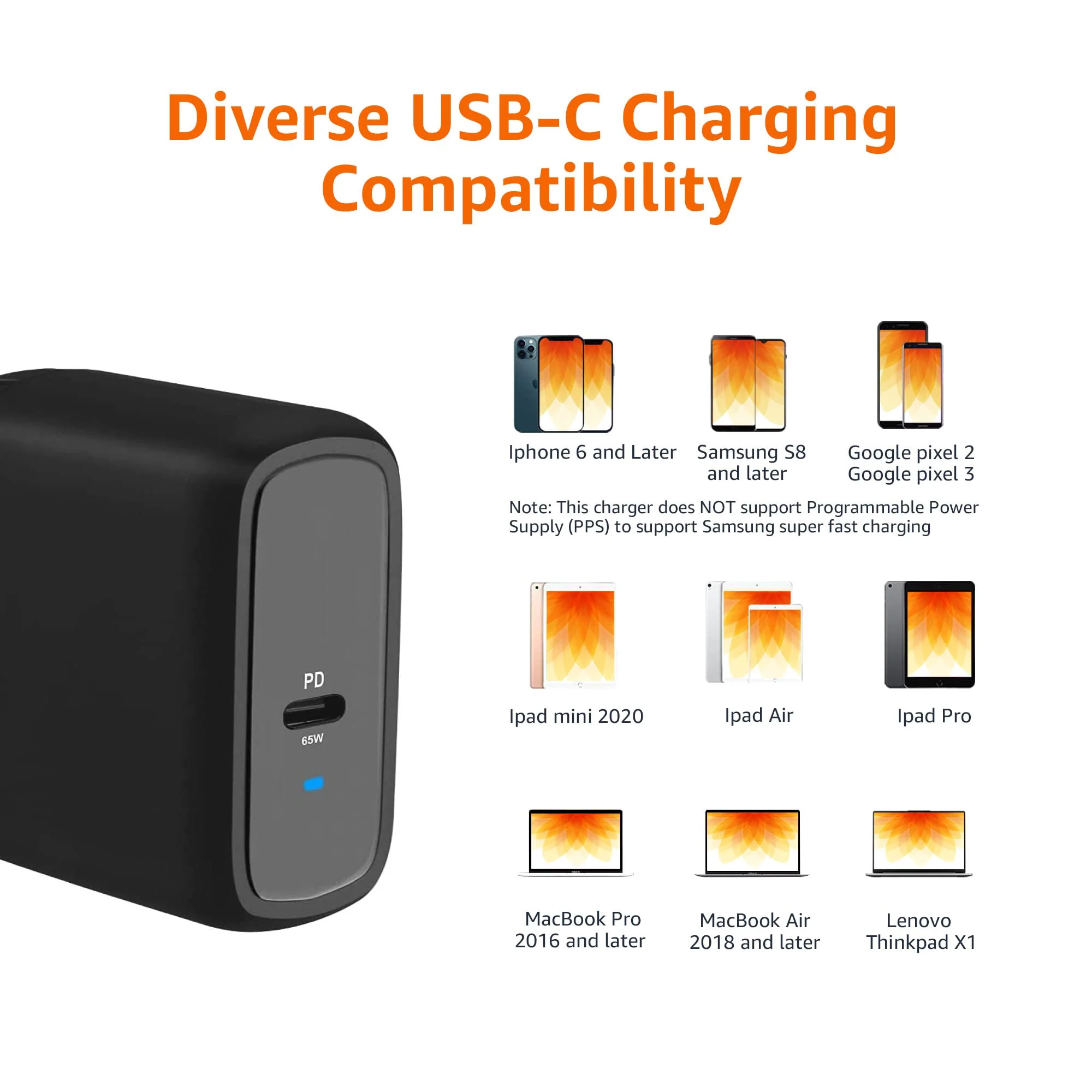 Amazon Basics 65W One-Port GaN USB-C Wall Charger with Power Delivery PD for Laptops, Tablets & Phones (iPhone 16/15/14/13/12/11/X, iPad, MacPro, Samsung, and More), Non-PPS, Black 65W (1 USB-C) - Image 5
