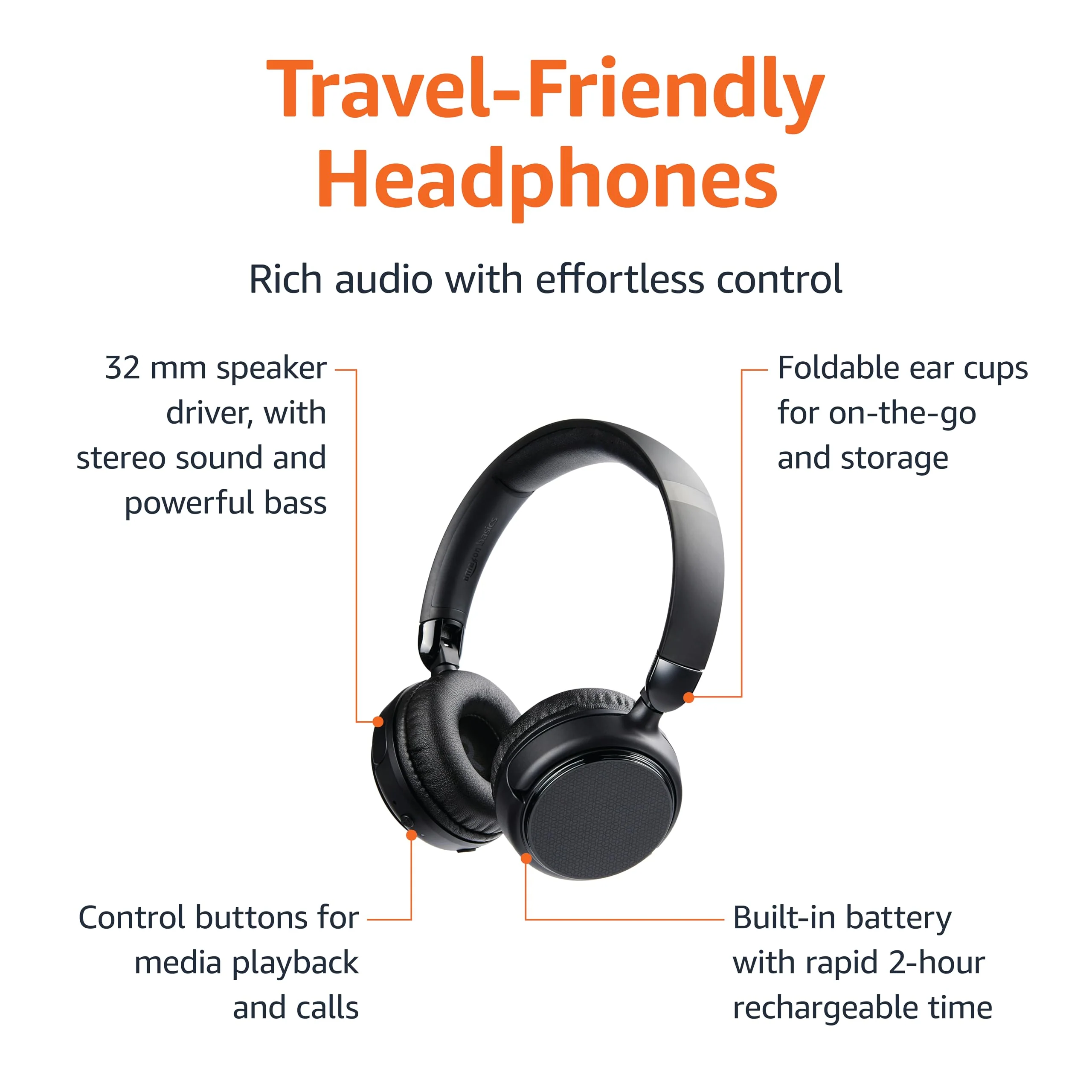 Amazon Basics Bluetooth Wireless On Ear Headphones with Microphone, 35 Hour Playtime, Foldable, Black - Image 2