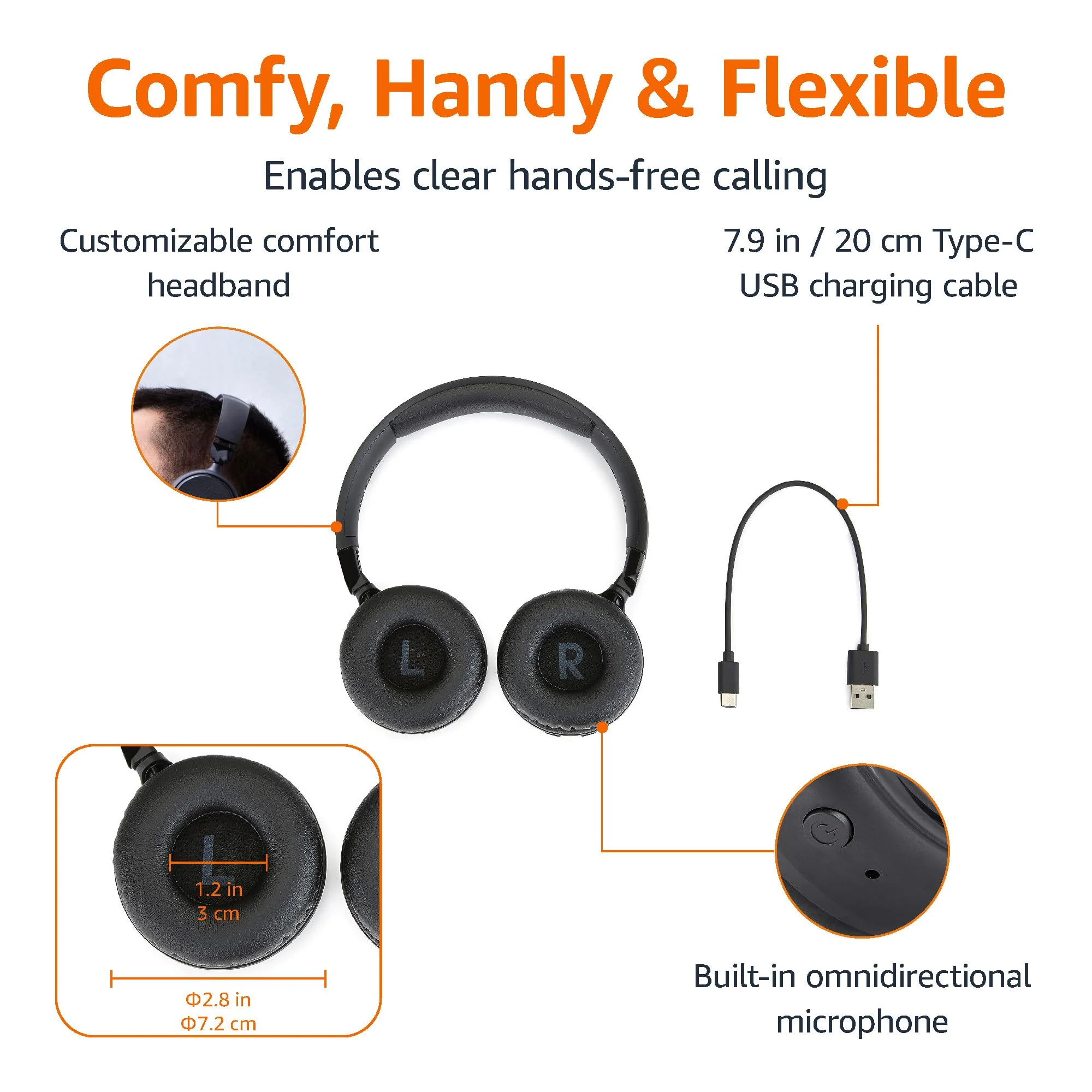 Amazon Basics Bluetooth Wireless On Ear Headphones with Microphone, 35 Hour Playtime, Foldable, Black - Image 3