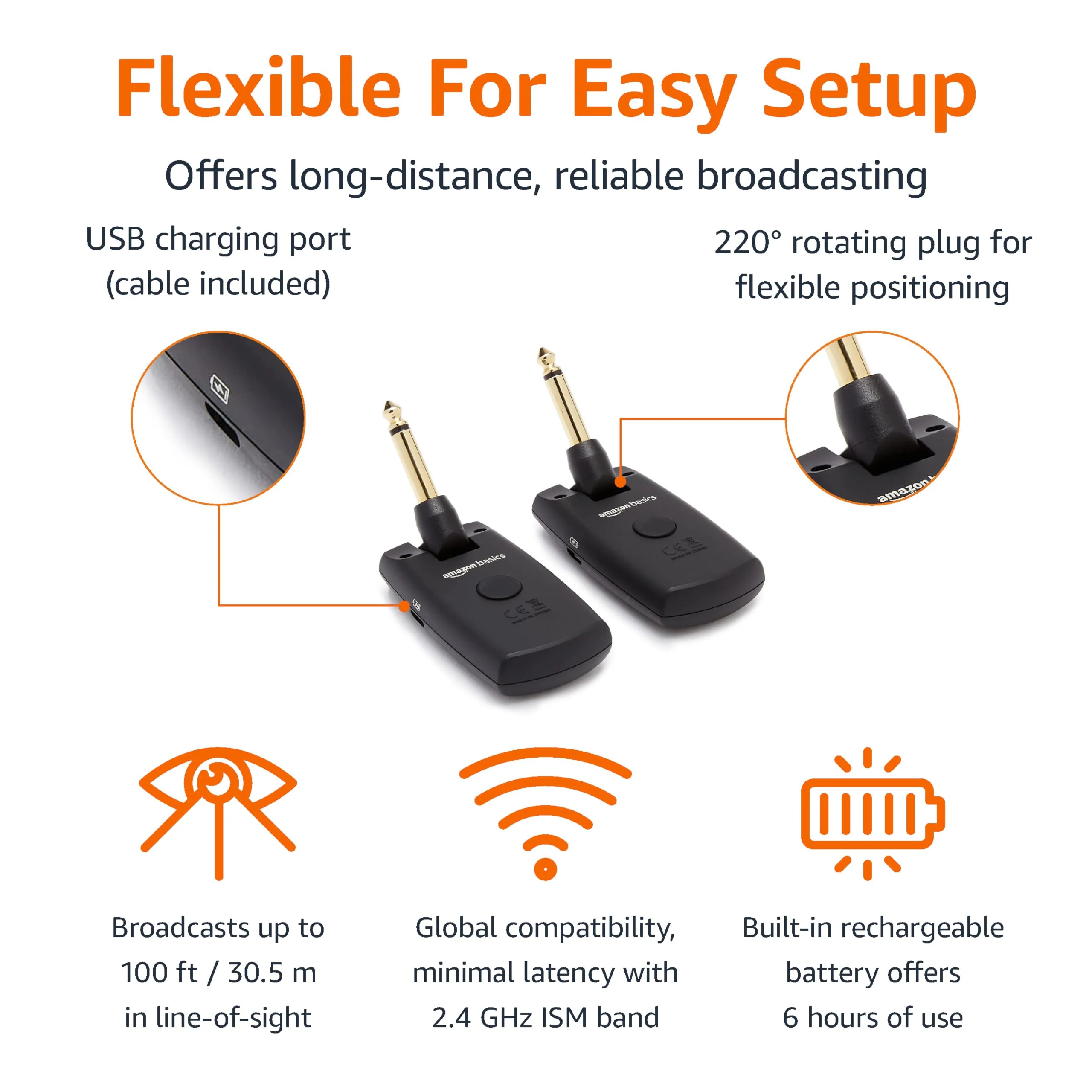 Amazon Basics Digital Wireless Guitar System Transmitter/Receiver with Rechargeable Batteries, Black - Image 2