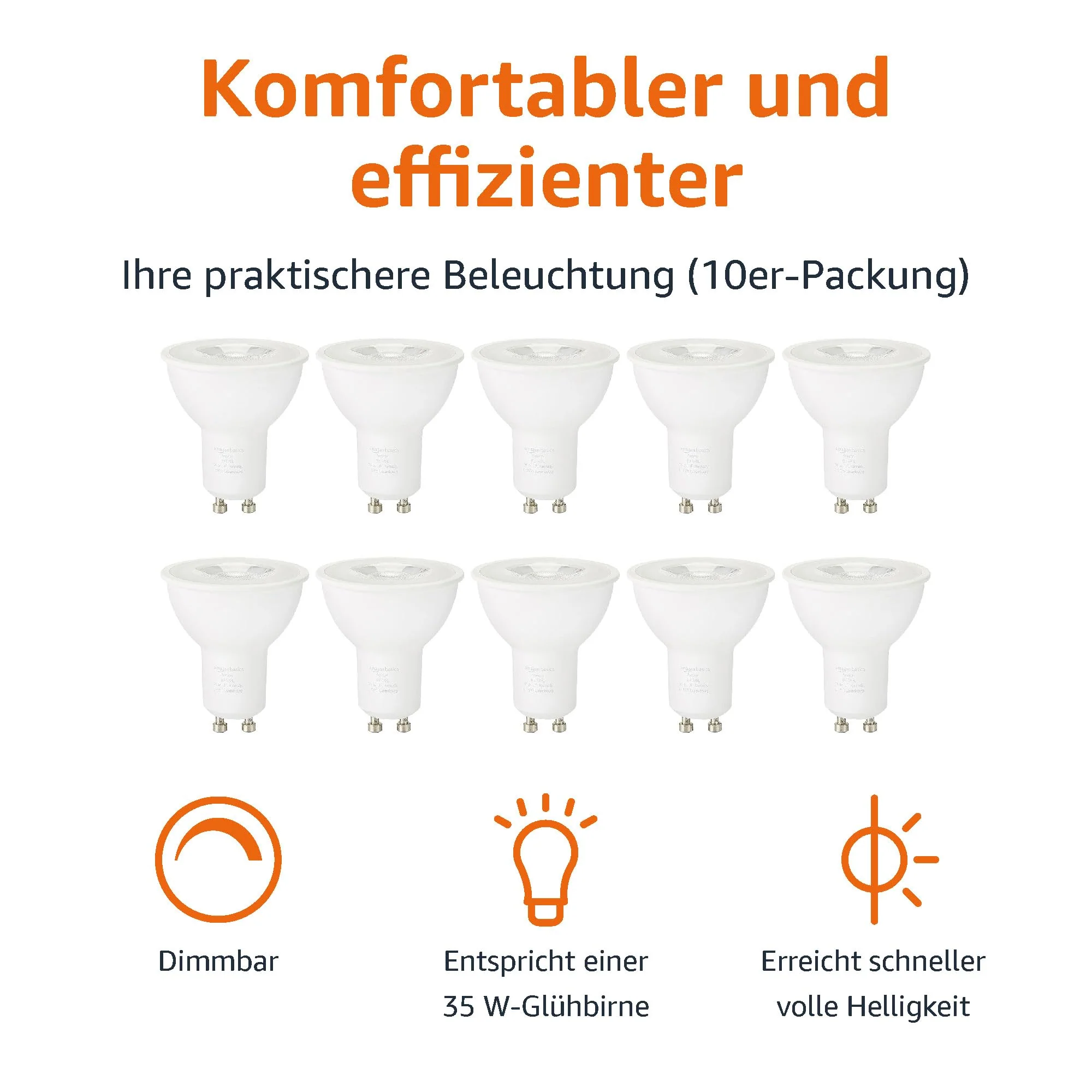 Amazon Basics GU10 3W (35W Equivalent) LED Spotlight Warm White Non-Dimmable (Pack of 10) - Image 3
