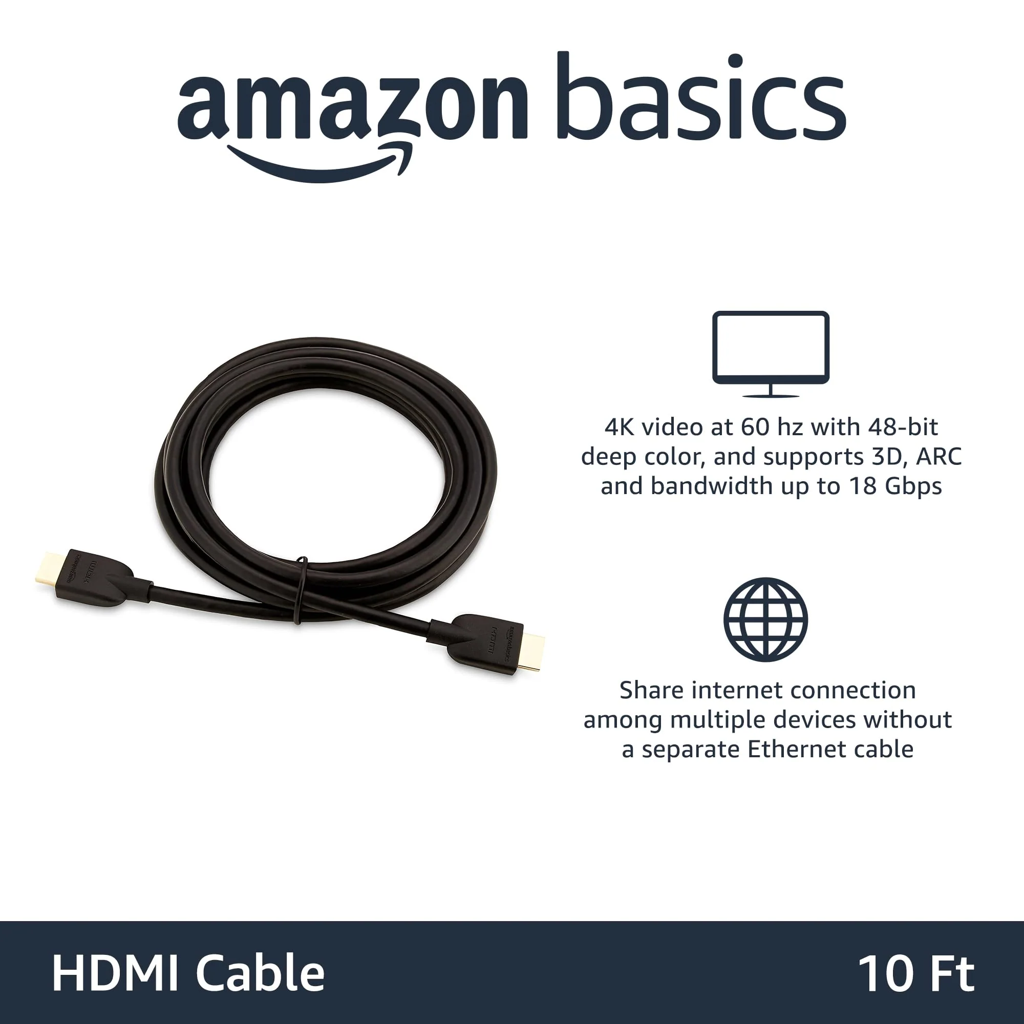 Amazon Basics HDMI Cable, 18Gbps High-Speed, 4K@60Hz, 2160p, Ethernet Ready, 10 Foot, Black 1 10 Feet - Image 2