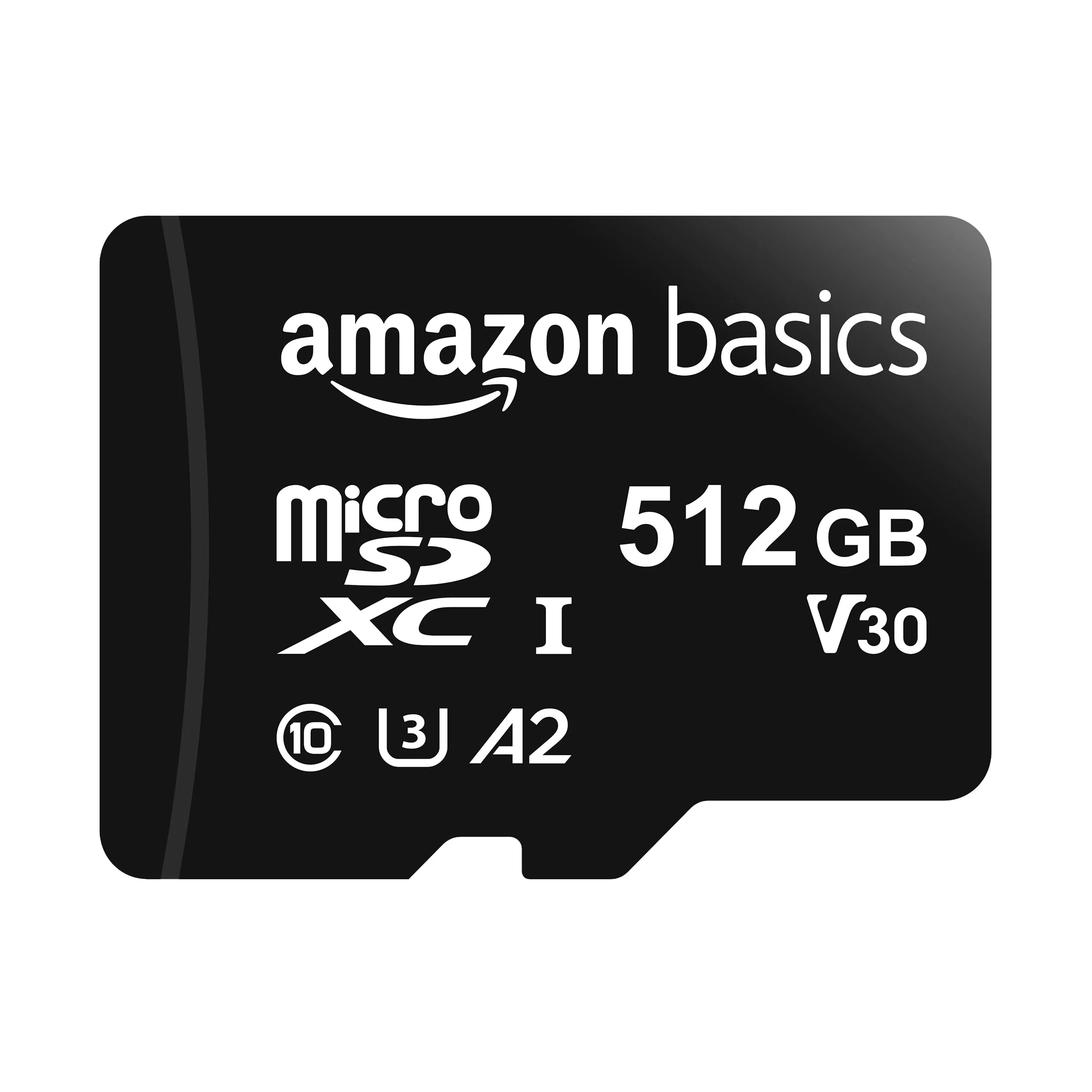 Amazon Basics Micro SDXC Memory Card with Full Size Adapter, A2, U3, Read Speed up to 100 MB/s, 512 gb, Black 512GB