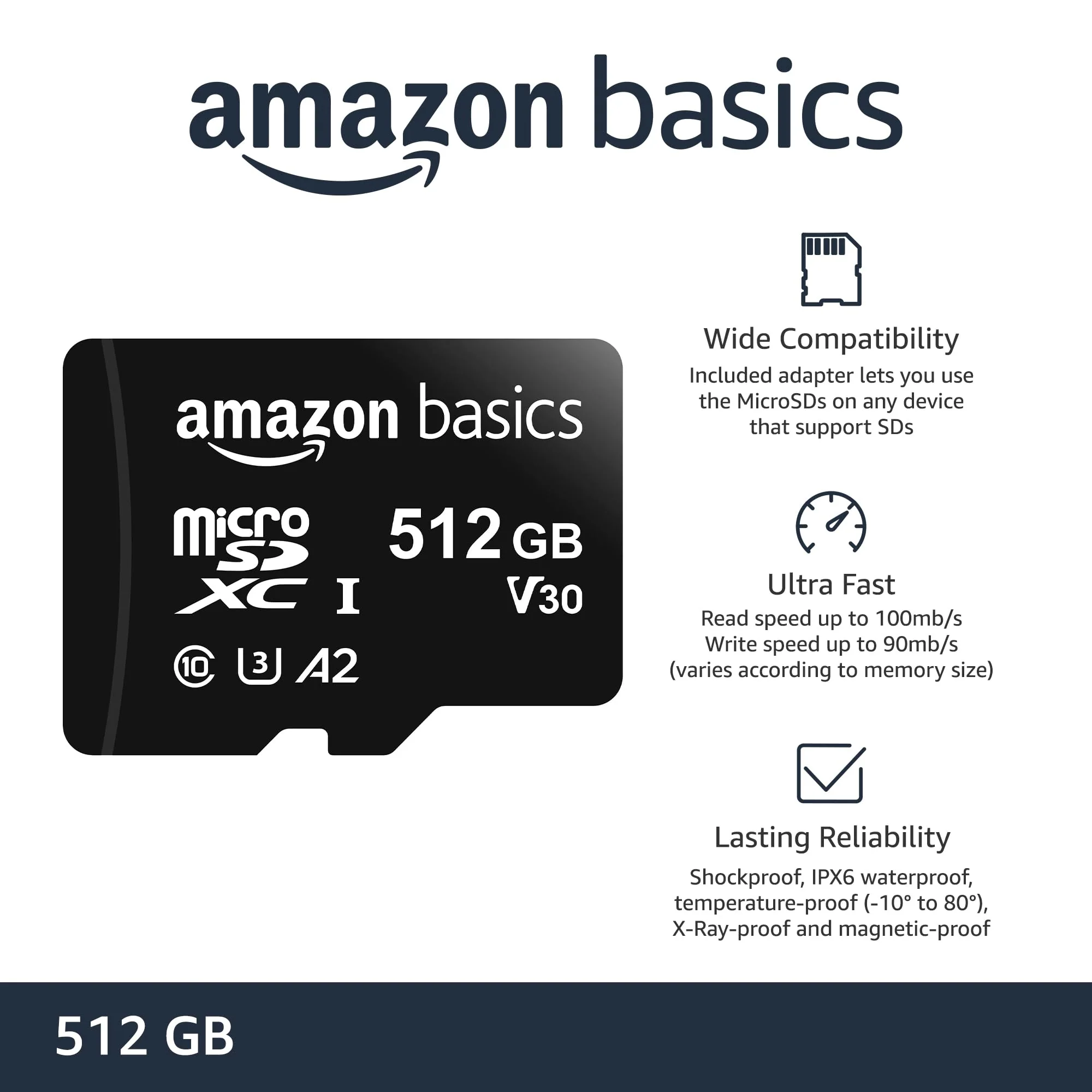 Amazon Basics Micro SDXC Memory Card with Full Size Adapter, A2, U3, Read Speed up to 100 MB/s, 512 gb, Black 512GB - Image 2
