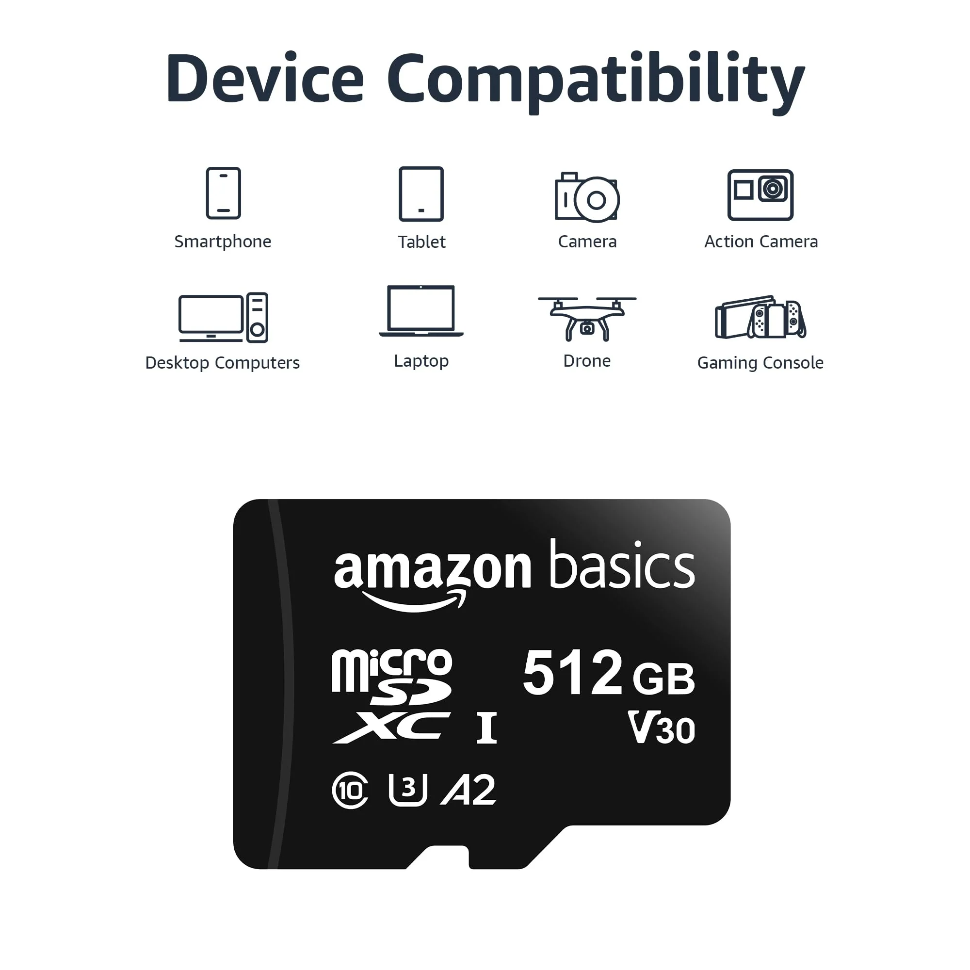 Amazon Basics Micro SDXC Memory Card with Full Size Adapter, A2, U3, Read Speed up to 100 MB/s, 512 gb, Black 512GB - Image 3